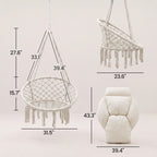 Hammock Swing Chair, Macrame Hanging Chair with Large Cushion, Chain, Steel Frame for Indoor Outdoor Use, Cream White