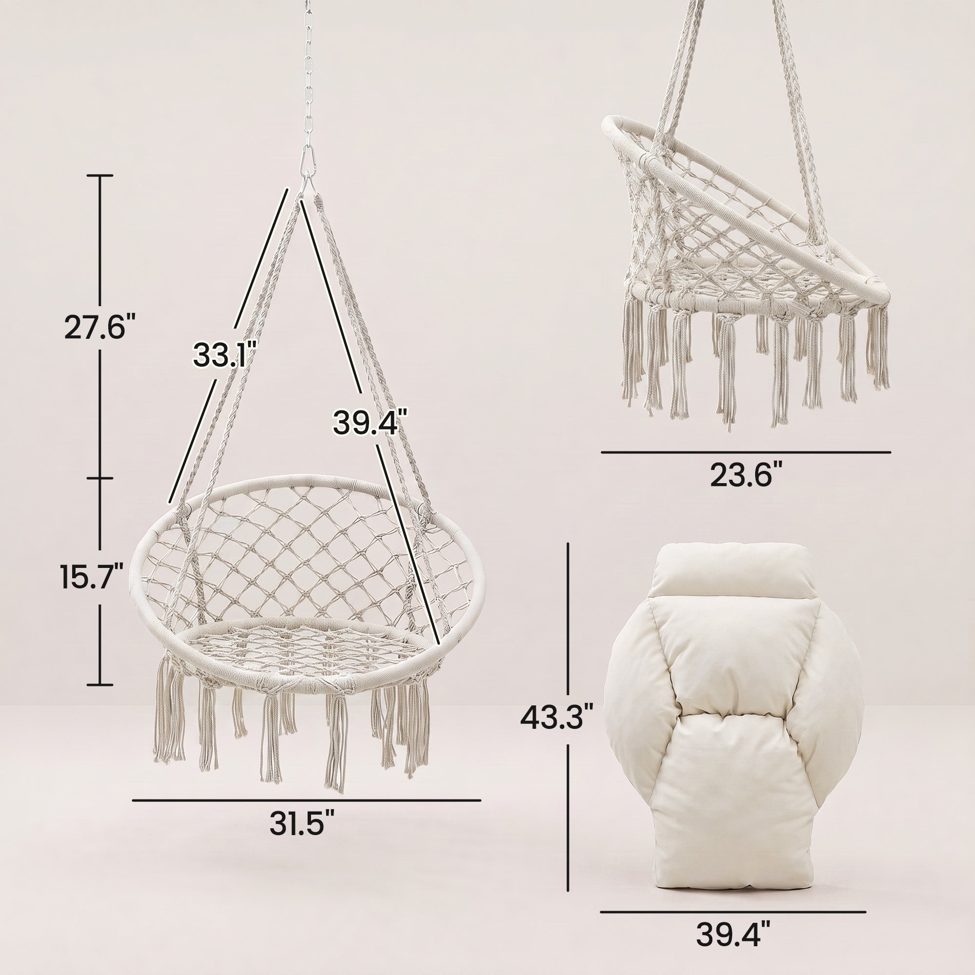 Hammock Swing Chair, Macrame Hanging Chair with Large Cushion, Chain, Steel Frame for Indoor Outdoor Use, Cream White