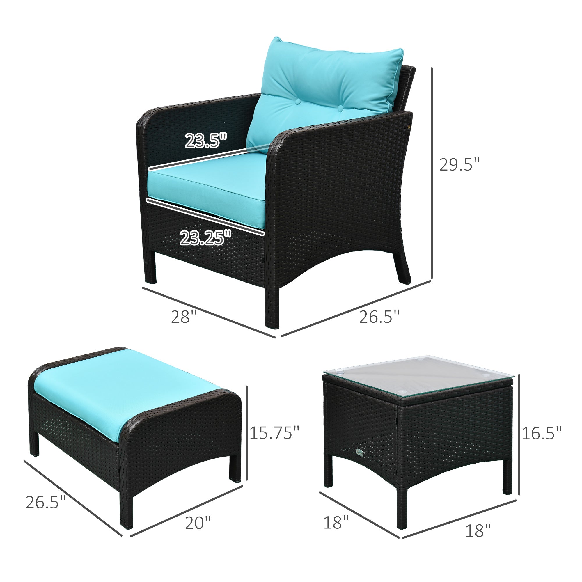 5 Pieces Rattan Wicker Lounge Chair Outdoor Patio Conversation Set with 2 Cushioned Chairs, 2 Ottomans and Tempered Glass Top Coffee Table, Brown/Blue