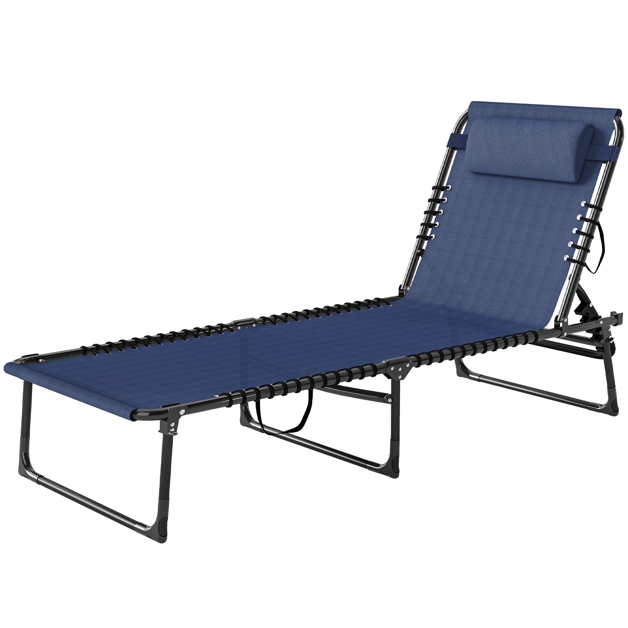 Folding Chaise Lounge Pool Chair with 4-Position Reclining Back, Pillow, Breathable Mesh & Bungee Seat, Dark Blue
