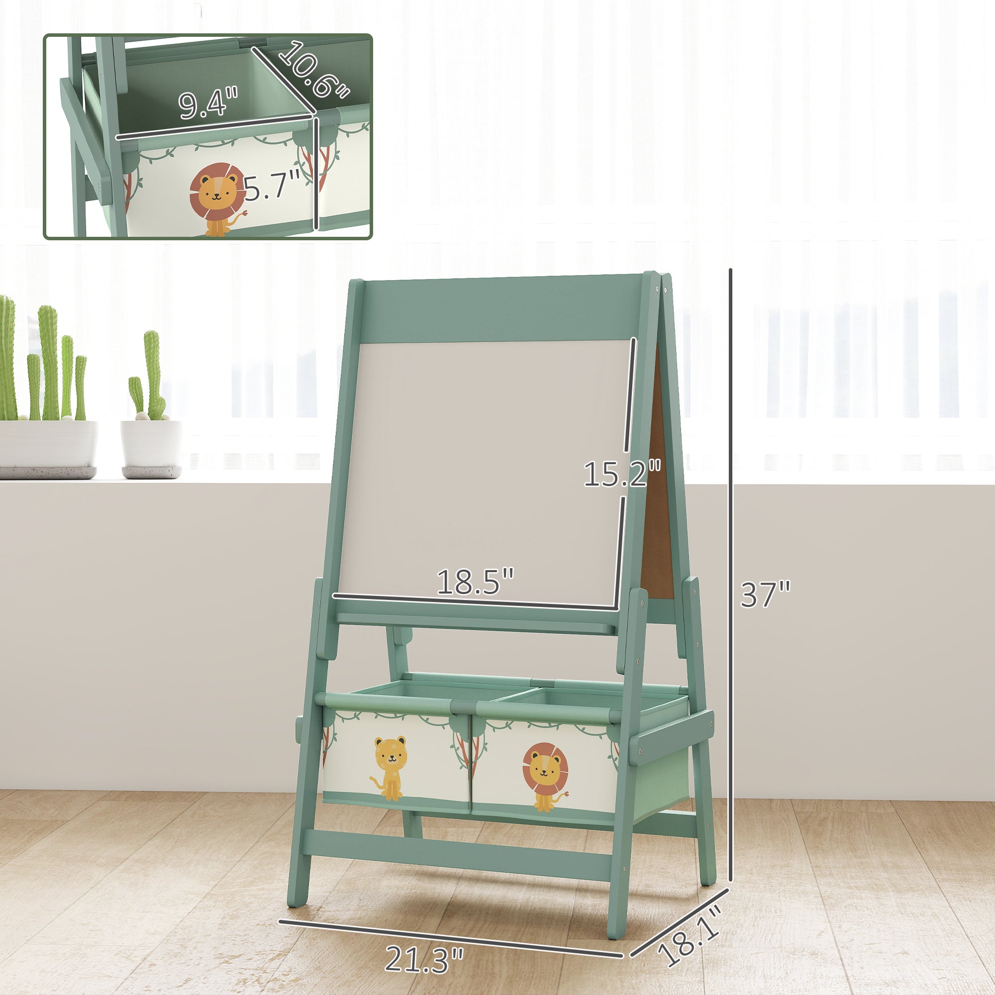 Art Easel for Kids, Double-Sided Whiteboard & Chalkboard with Paper Roll, Storage Baskets for Toddlers Ages 3-8, Green
