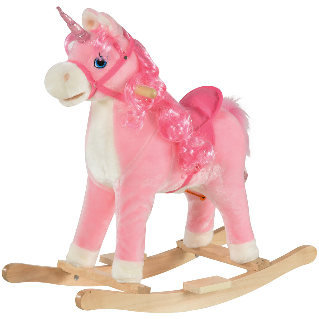 Kids Rocking Horse, Ride on Unicorn with Wooden Base, Tail Wag & Sounds for Toddlers 3-6 Years Old, Pink