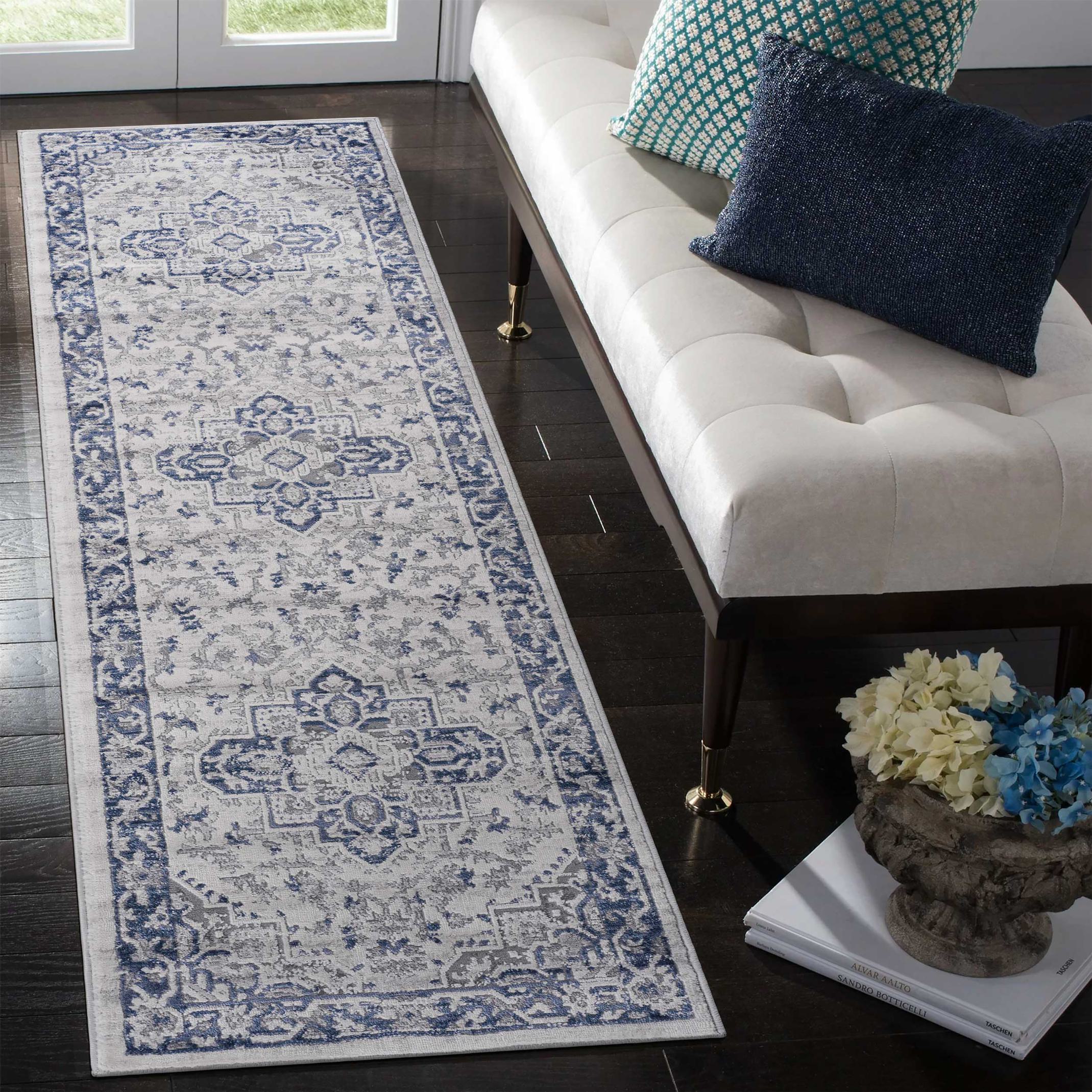 Naar 2x8 Stain-Resistant Area Rug with Cotton Backing, Medium Pile Height, Kid and Pet-Friendly Carpet, 96" L x 26" W x 0.35" H, Blue+Gray