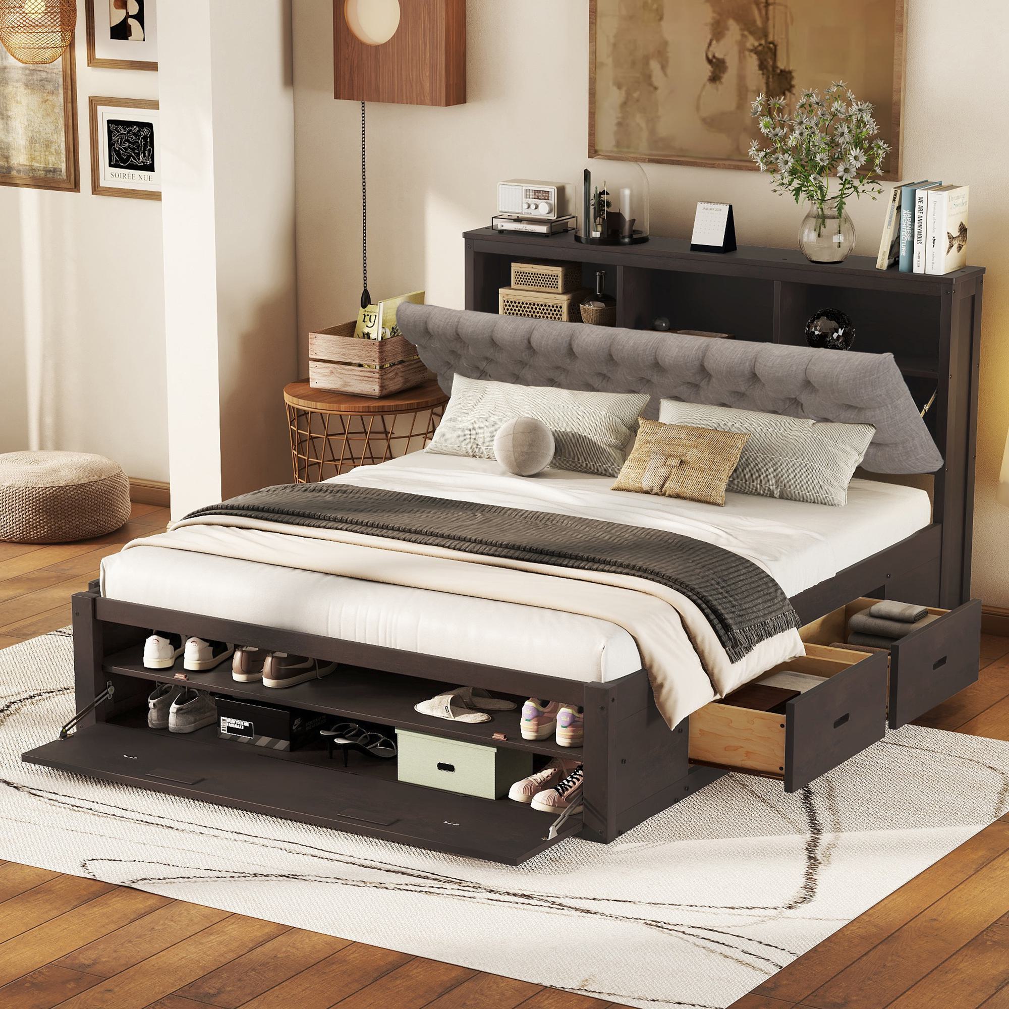 Wood Queen Size Platform Bed with Storage Headboard, Shoe Rack, and 4 Drawers, 90.5" L x 63" W x 43" H, Espresso