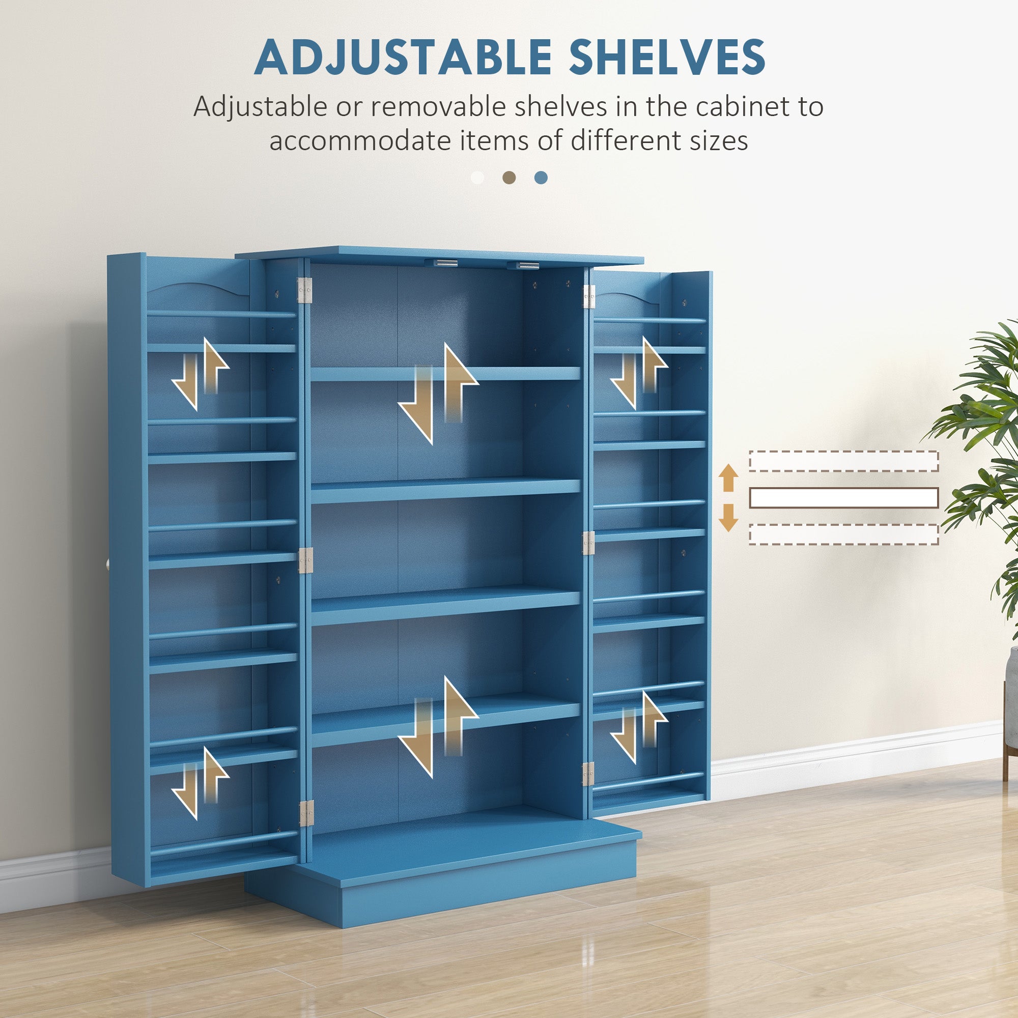 Freestanding Kitchen Pantry Cabinet, Kitchen Cabinet with 12 Door Shelves, Double Doors, 5-tier Shelving, Blue