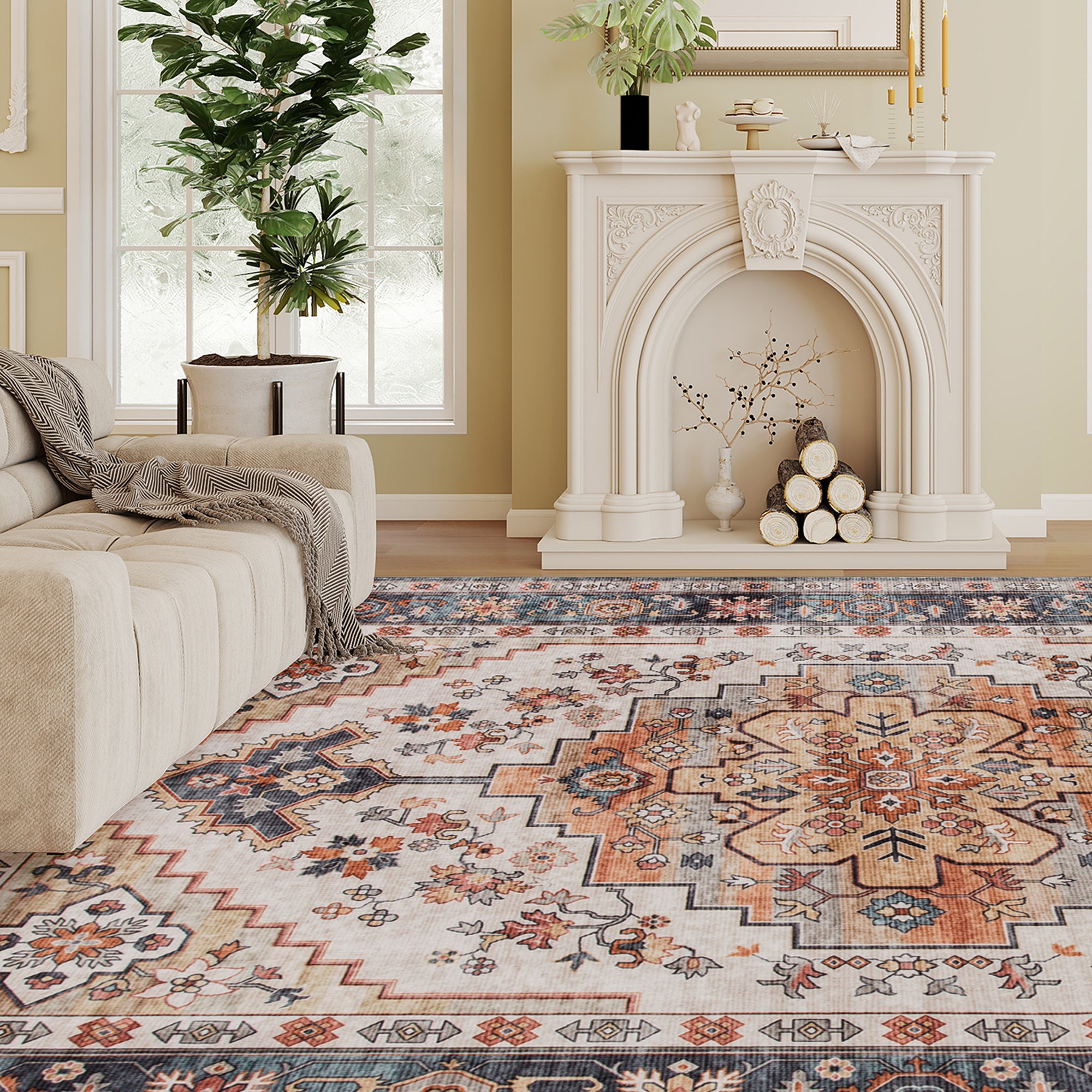 Area Rug 5x7, Machine Washable Rug, Non-Slip Boho Print Pattern Medallion Carpet for Living Room, Bedroom, Tawny Brown