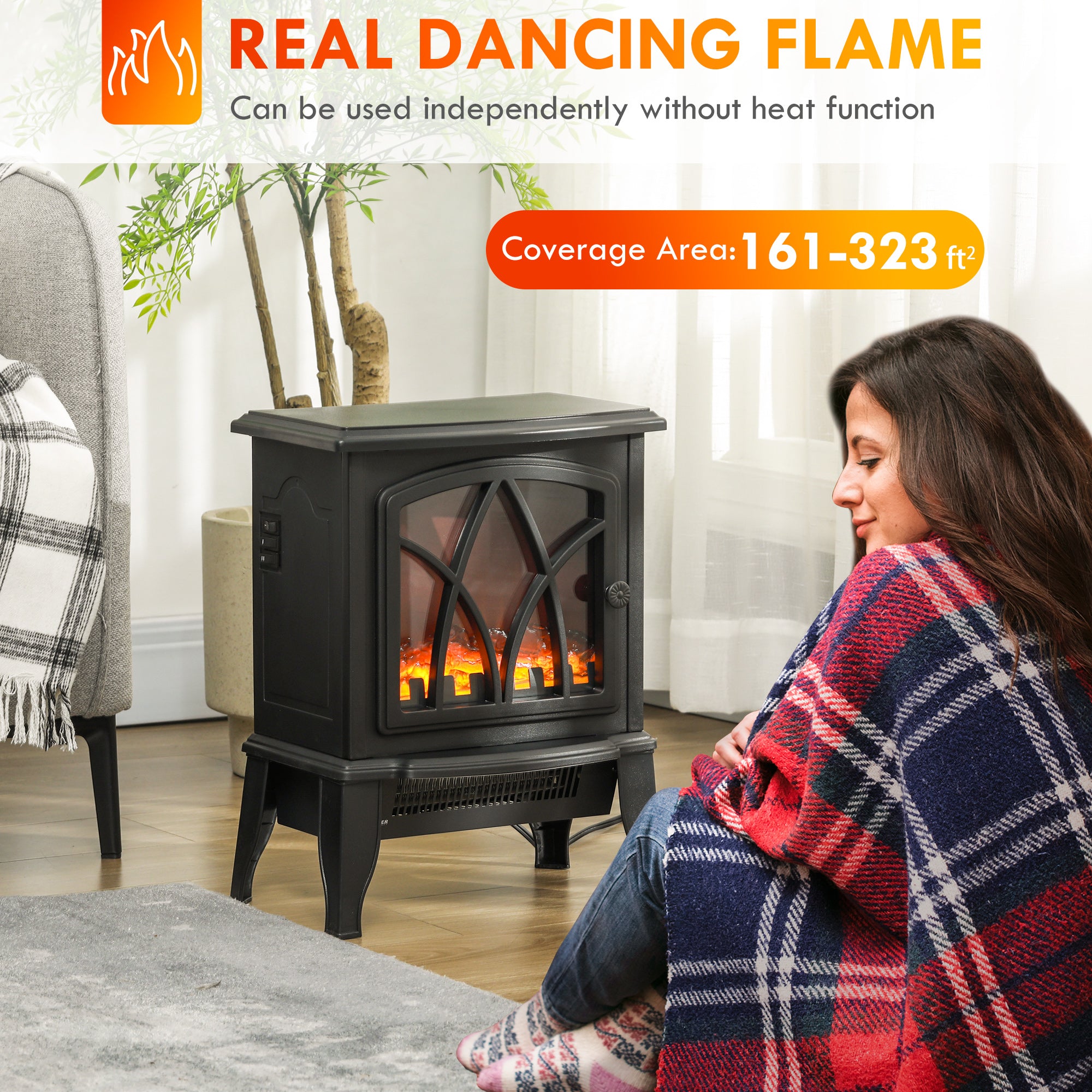 Electric Fireplace Heater, Freestanding Fireplace Stove with Realistic Flames Overheating Protection 750W/1500W, Black