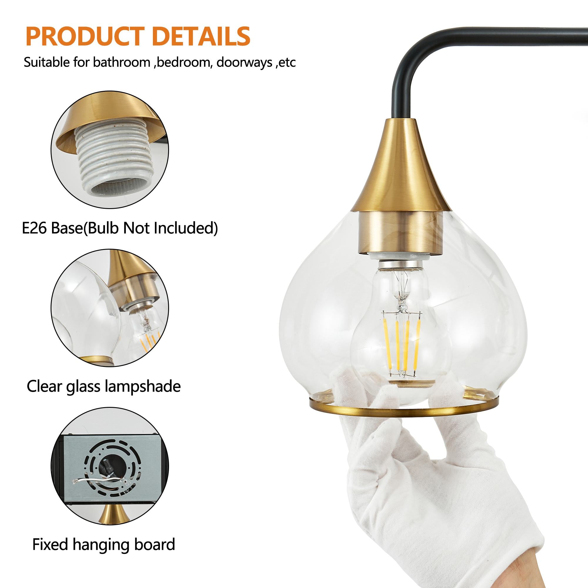 31" Modern 4-Light Vanity Wall Sconce with Clear Glass Shades, Industrial Wall Mounted Lamp for Living Spaces, 31" L x 8" W x 11" H, Black+Gold