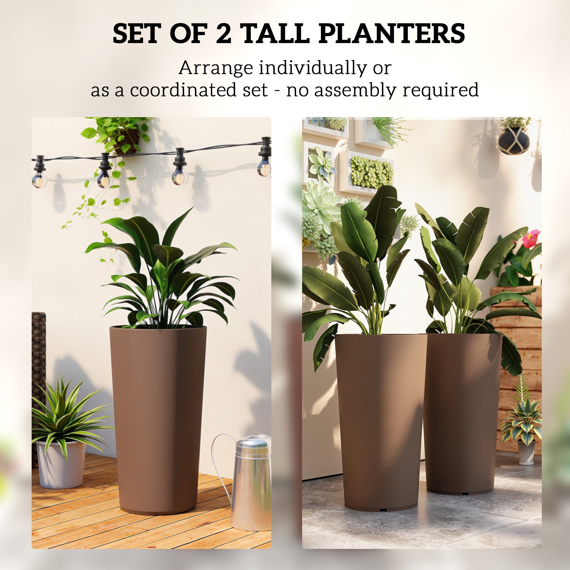 29 Inch Outdoor Planter, Set of 2 Plastic Flower Pots, Weather and UV Resistant Stackable Large Planters, Brown