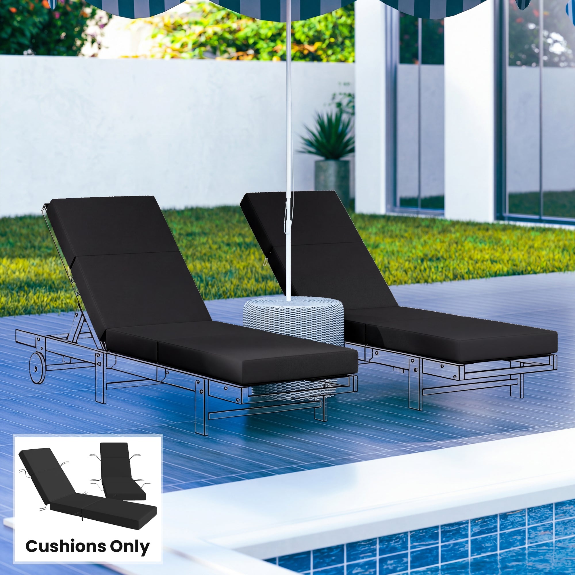Set of 2 Chaise Lounge Cushion, 4" Thick Outdoor Lounge Chair Cushions with Ties for Patio, 21" x 72", Gray