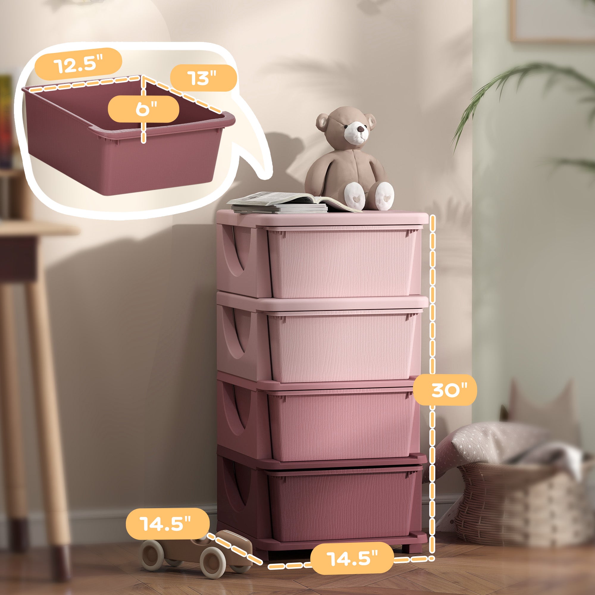 30" 4 Tier Kids Storage Unit Dresser Tower w/ 4 Drawers, Pink
