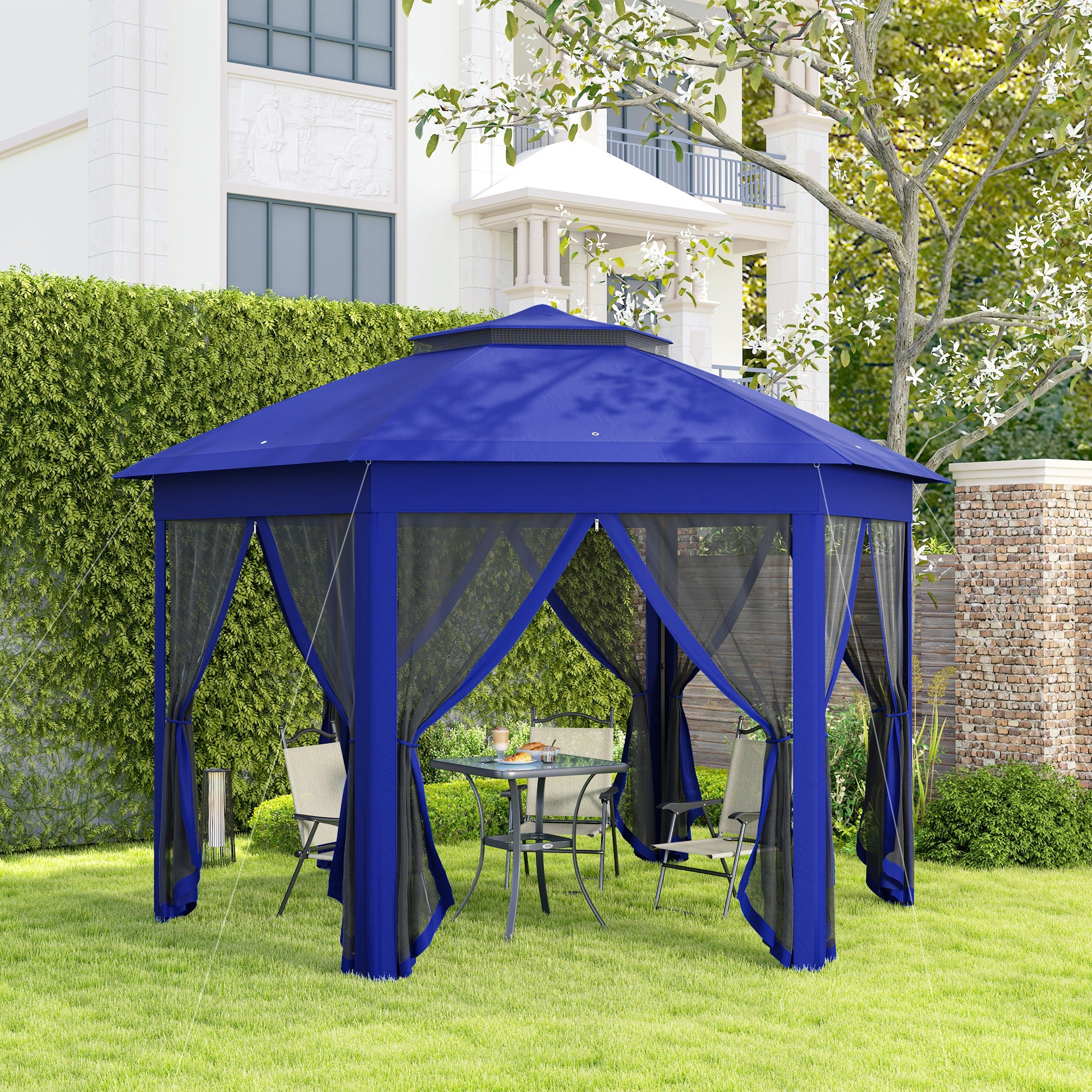13' x 13' Pop Up Gazebo Hexagonal Canopy Shelter with 6 Zippered Mesh Netting for Patio Backyard Garden Wedding Party