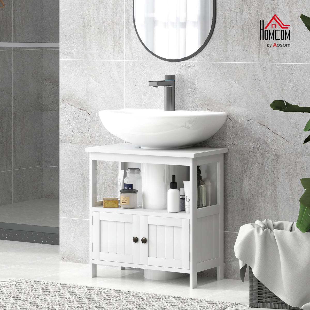 Pedestal Sink Storage Cabinet, Bathroom Under Sink Cabinet with 2 Doors and Open Shelf, Bathroom Vanity, White