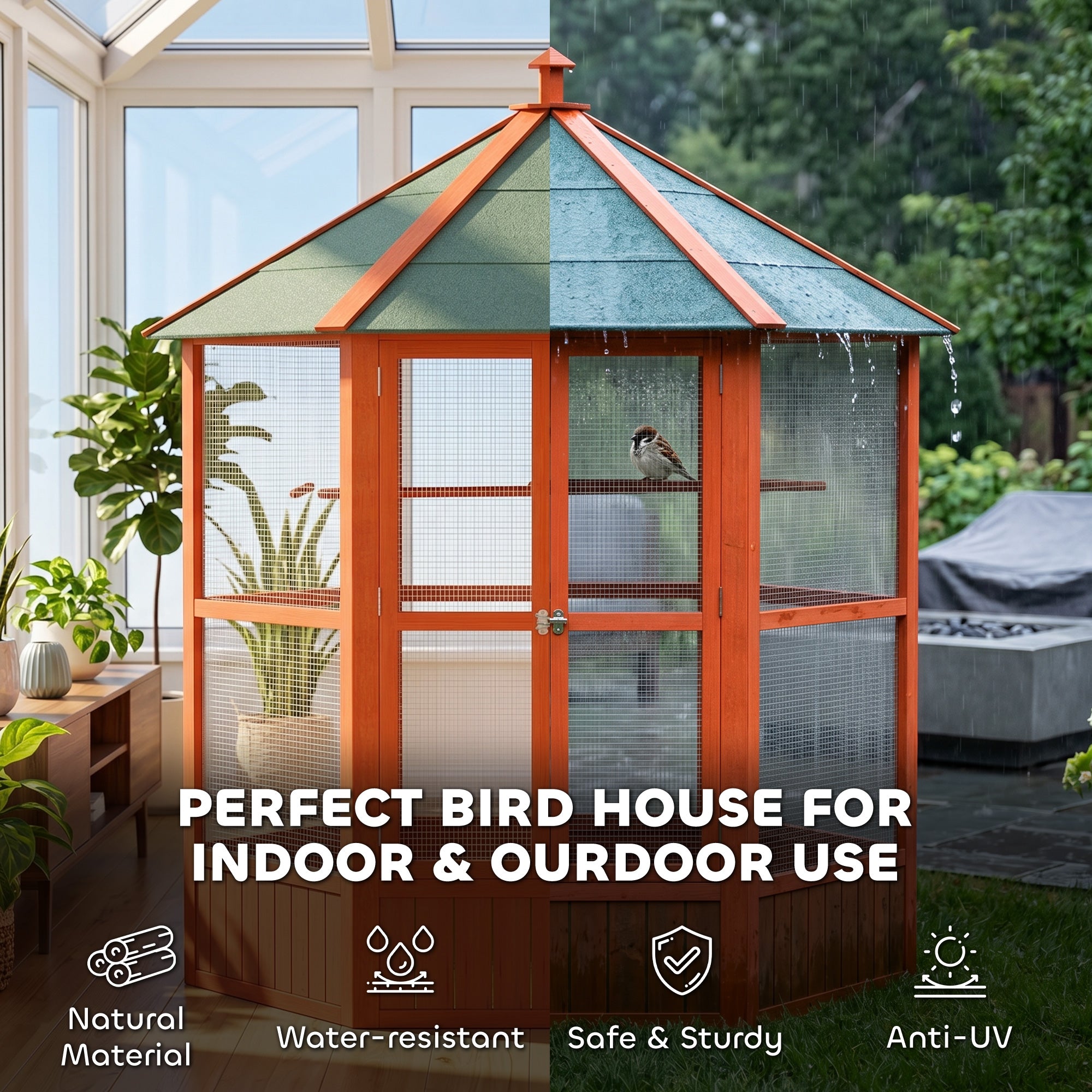 69" Wooden Hexagonal Outdoor Aviary Flight Bird Cage With Covered Roof, Brown