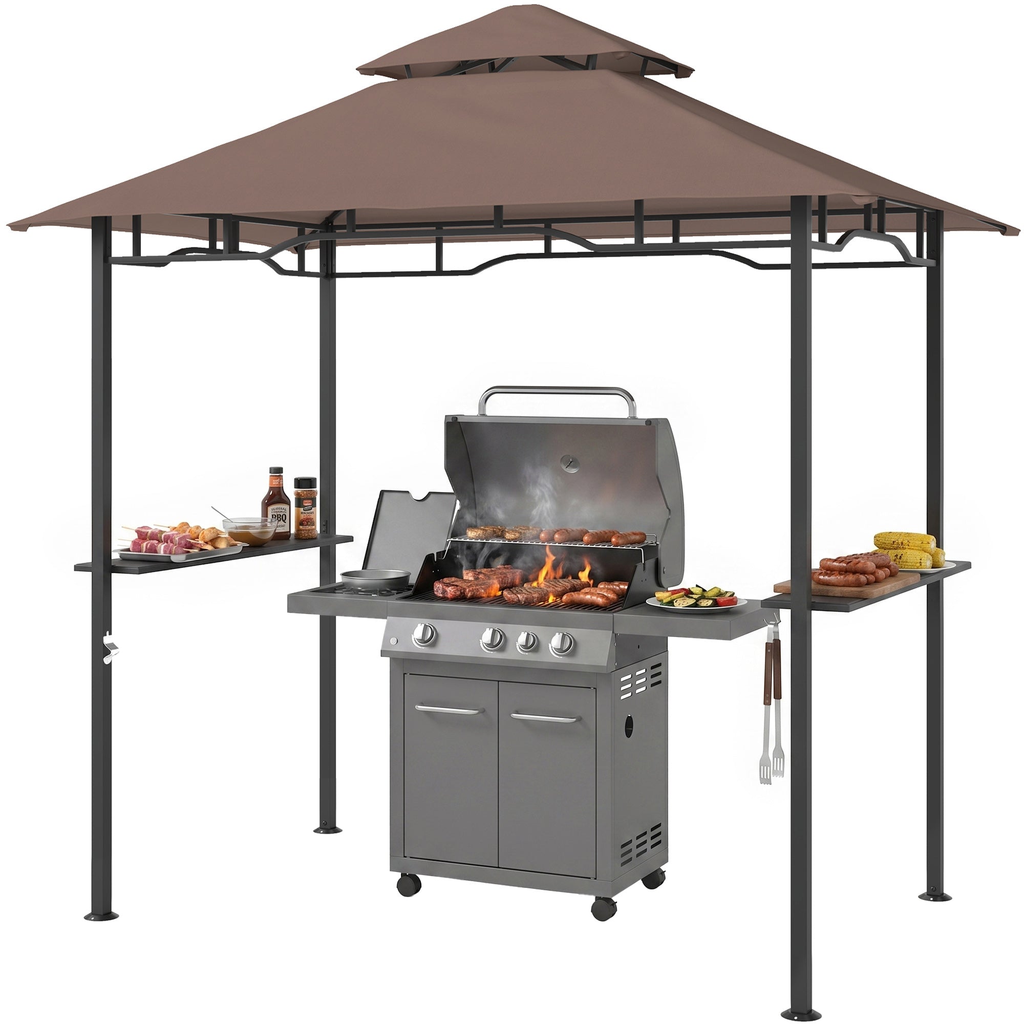 8' x 5' Grill Gazebo with Double Roof, Outdoor BBQ Canopy Gazebo with 2 Side Shelves for Patio Yard Garden Coffee