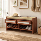Shoe Bench with Cushioned Seat Shoe Storage Bench with 2 Rattan Drawers and Open Shelf Brown