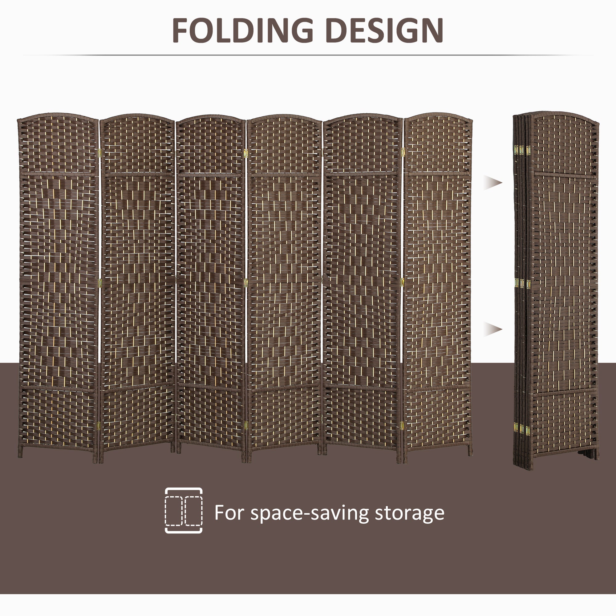 Folding Room Divider Screen 6 Panel 6' Tall Privacy Screen Freestanding Wood Partition for Home Office, Brown
