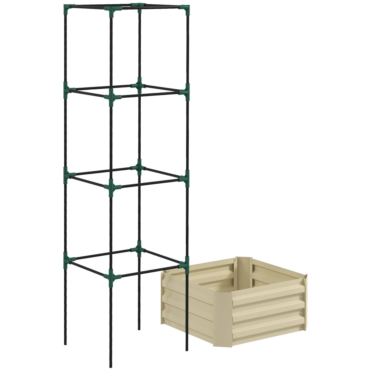 Galvanized Planter Box, 24" x 24" x 73.5" Raised Garden Bed with Tomato Cage for Climbing Vines, Cream