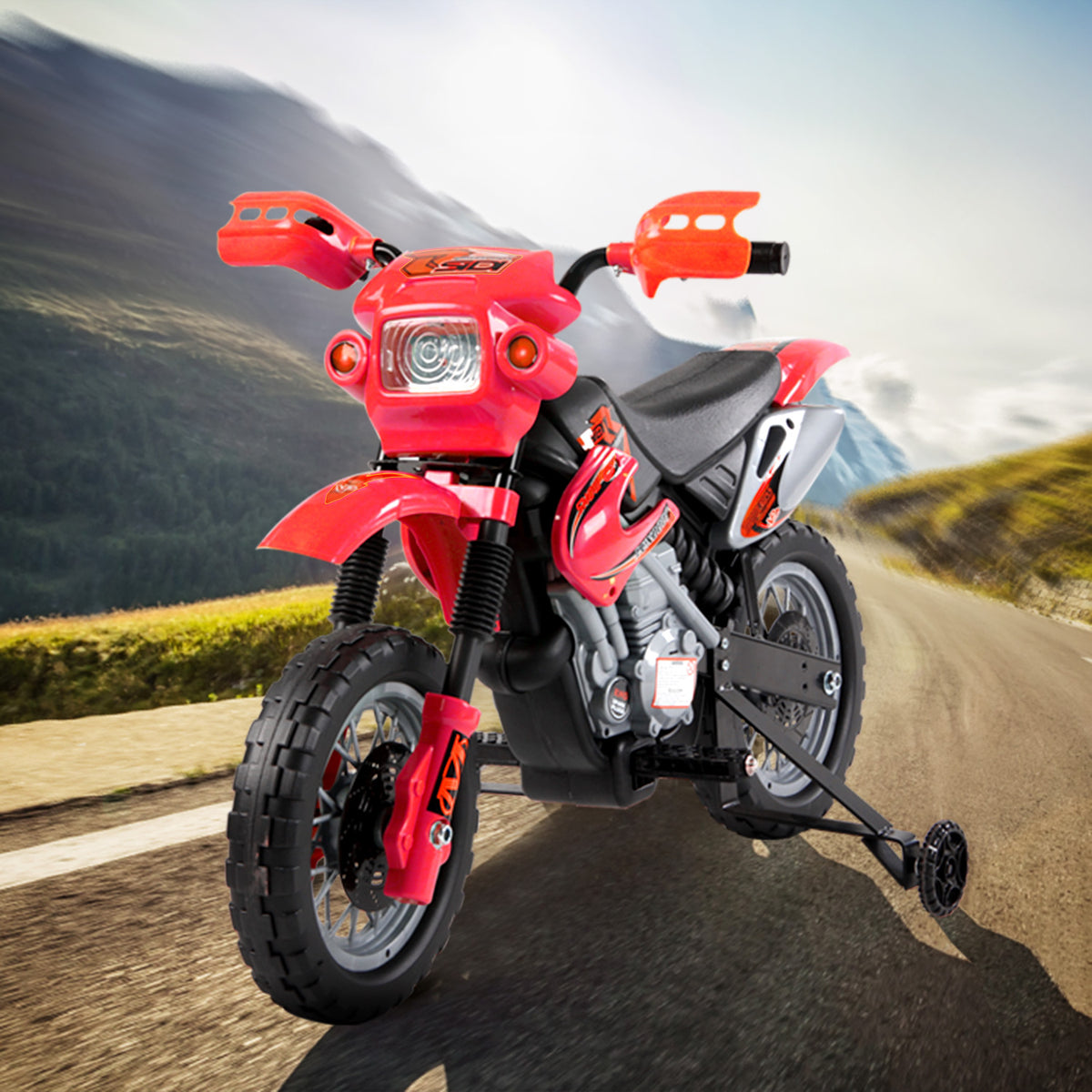 6V Kids Motorcycle, Electric Motorcycle with Dirt Bike Style, Street Bike Design Battery Powered Ride On Toy with Training Wheels, Headlight, Music, Ages 5-8, Red