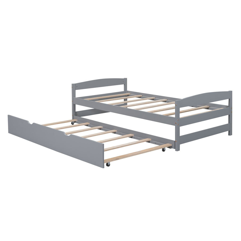 Twin Size Platform Bed with Twin Size Trundle, Headboard and Footboard, Sturdy Pine Wood Construction, 77.5" L x 40.5" W x 22" H, Gray