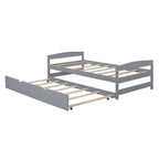 Twin Size Platform Bed with Twin Size Trundle, Headboard and Footboard, Sturdy Pine Wood Construction, 77.5" L x 40.5" W x 22" H, Gray