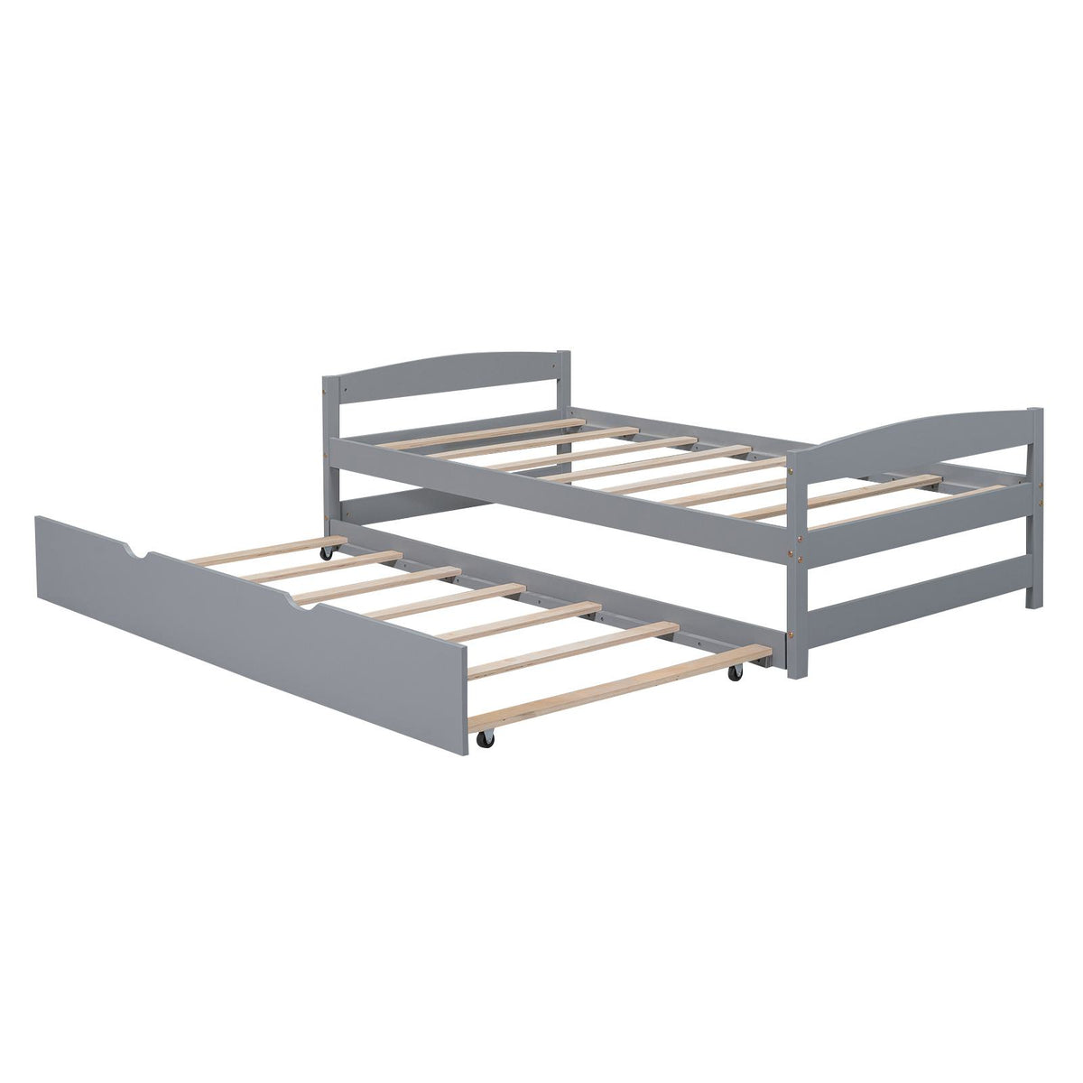 Twin Size Platform Bed with Twin Size Trundle, Headboard and Footboard, Sturdy Pine Wood Construction, 77.5" L x 40.5" W x 22" H, Gray