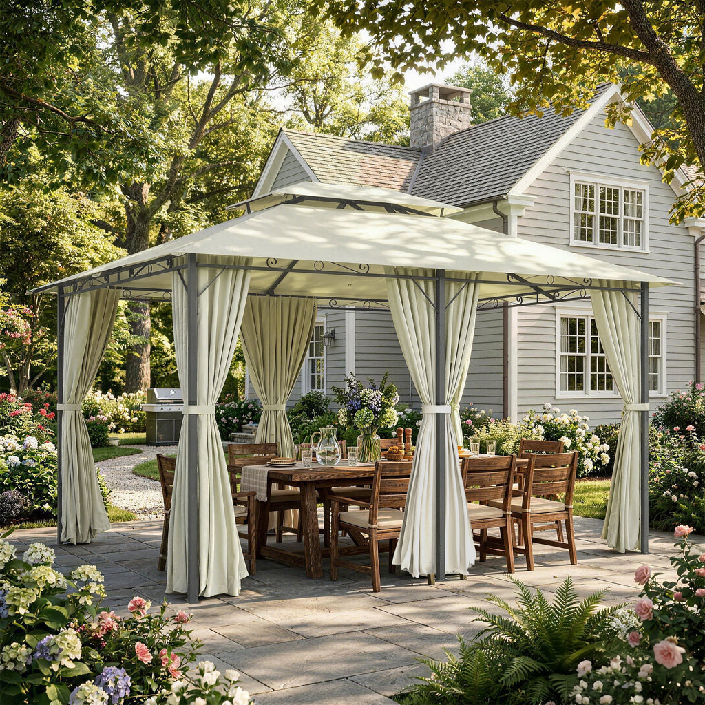 10' x 13' Patio Gazebo, Outdoor Gazebo Canopy Shelter with Curtains, Vented Roof, Steel Frame for Garden, Lawn, Backyard and Deck, Cream White