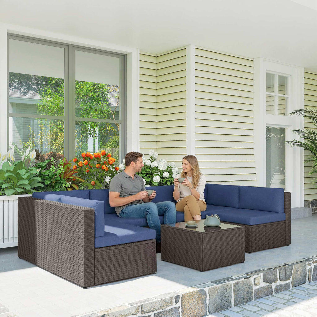 7 Piece Patio Furniture Set, All Weather PE Rattan Outdoor Furniture Conversation Sets with Glass Top Coffee Table