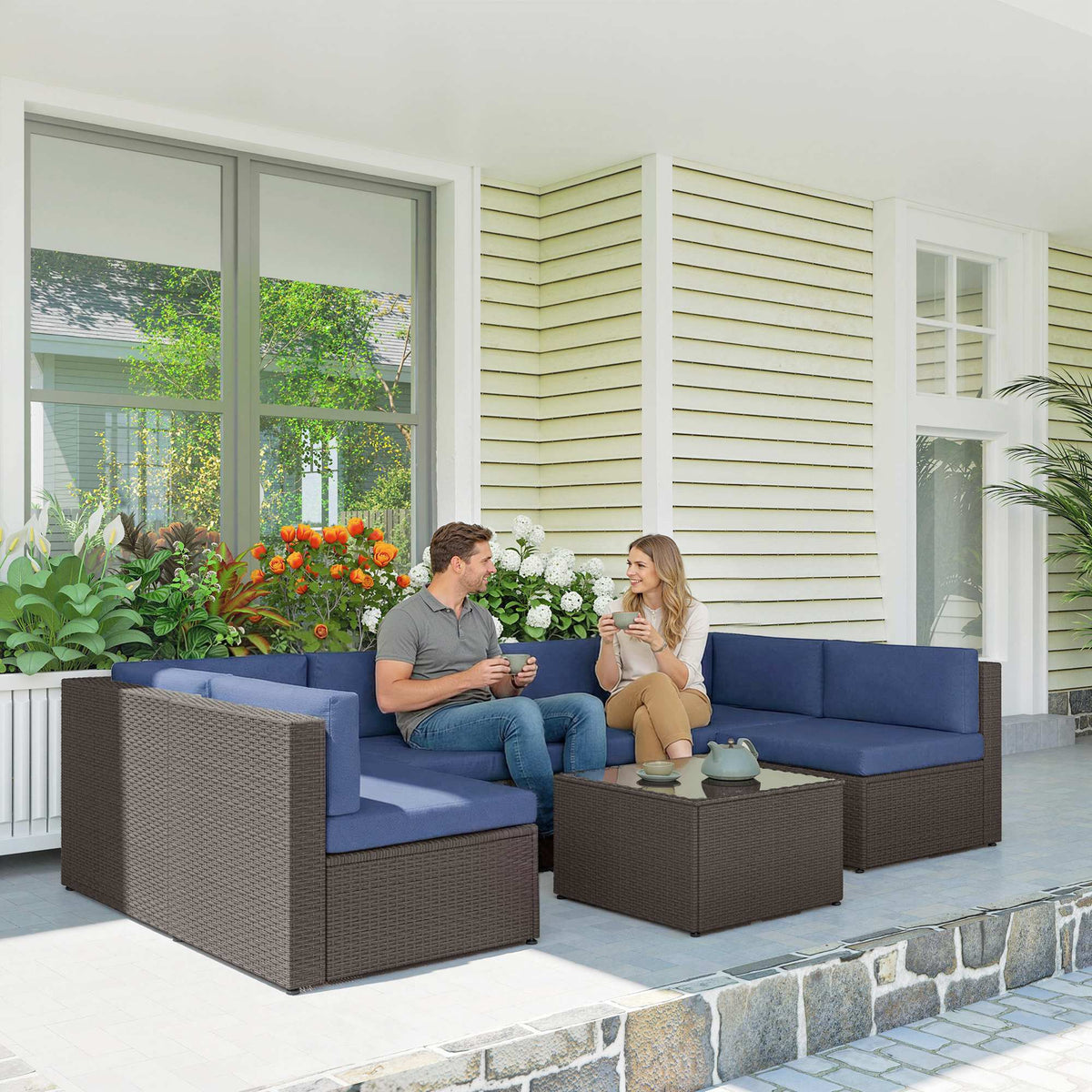 7 Piece Patio Furniture Set, All Weather PE Rattan Outdoor Furniture Conversation Sets with Glass Top Coffee Table