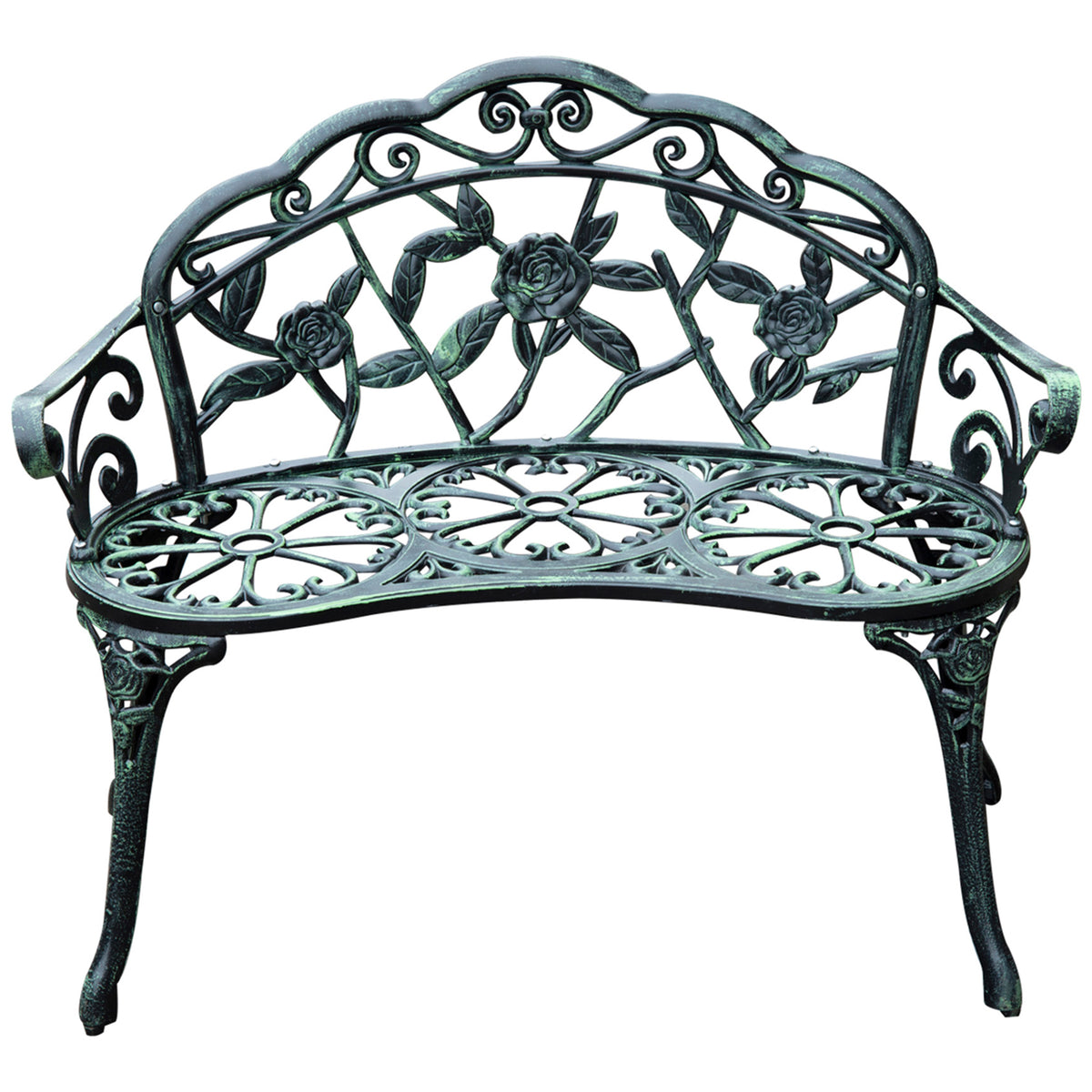 Outdoor Bench, Cast Aluminum Outdoor Furniture, Metal Bench with Floral Rose Accent & Antique Finish, Green