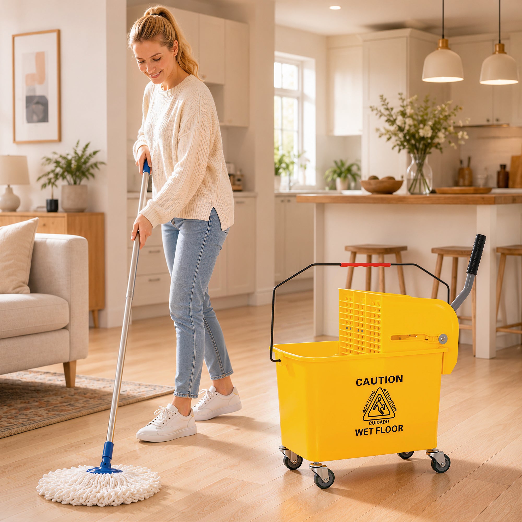 Compact Mop Bucket with Wringer, Mop Bucket on Wheels, 21 Quart, Separate Dirty and Clean Water, Yellow