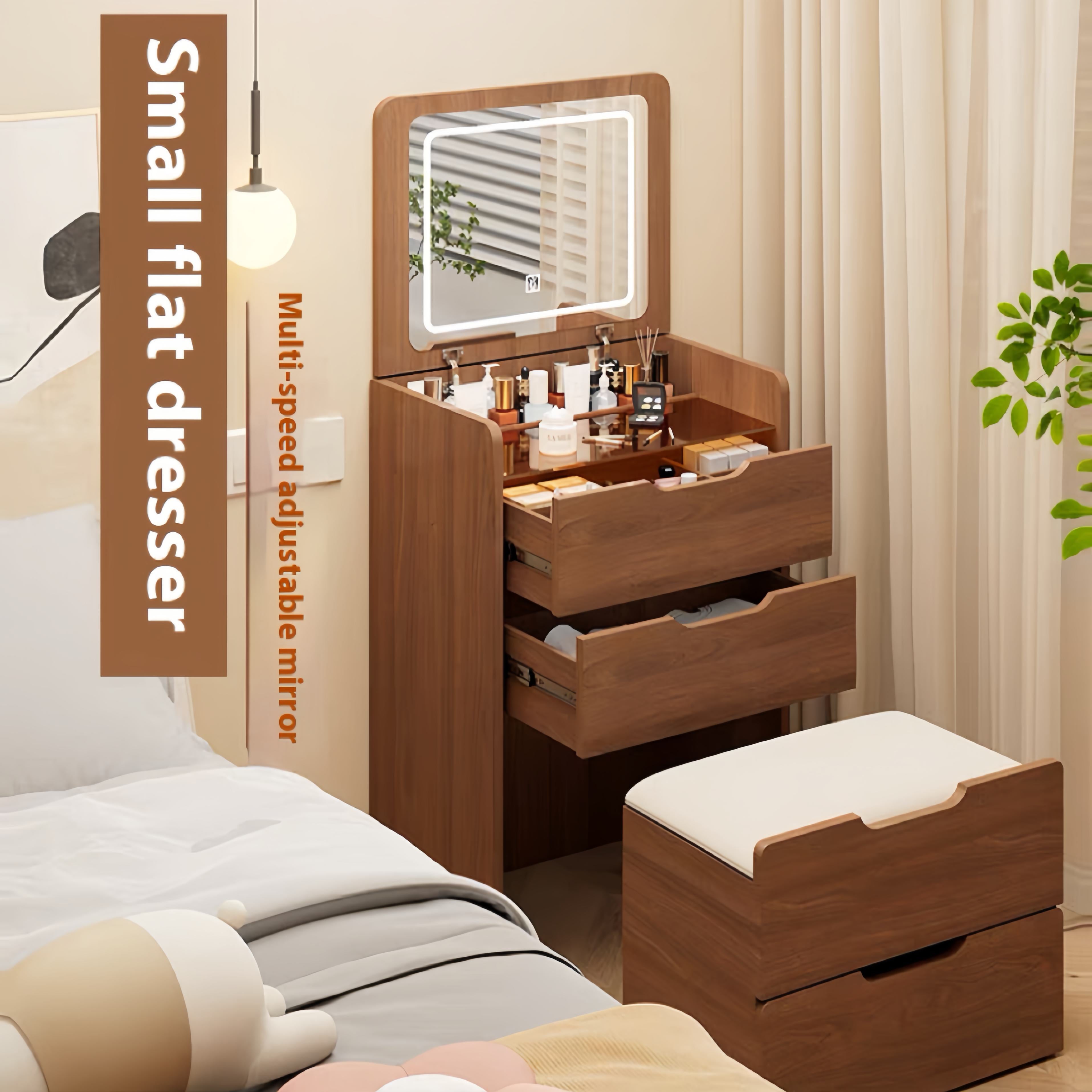 3-in-1 Vanity Desk with Flip Top Mirror, Compact Makeup Vanity Set with Visible Glass Desktop and 3 Drawers, 20" L x 16" W x 31.5" H, Walnut