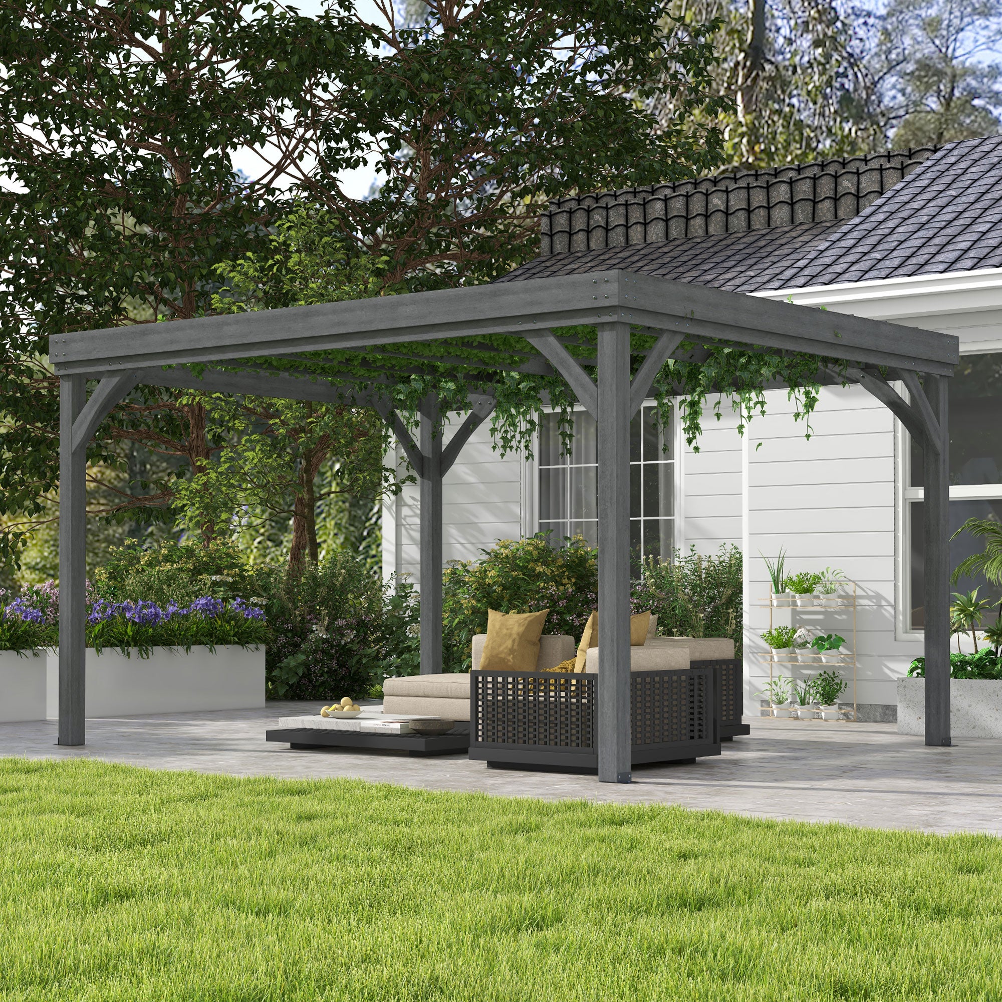 10' x 12' Outdoor Wooden Pergola, Grape Vine Gazebo with Concrete Anchors for Garden, Patio, Backyard, Deck, Gray