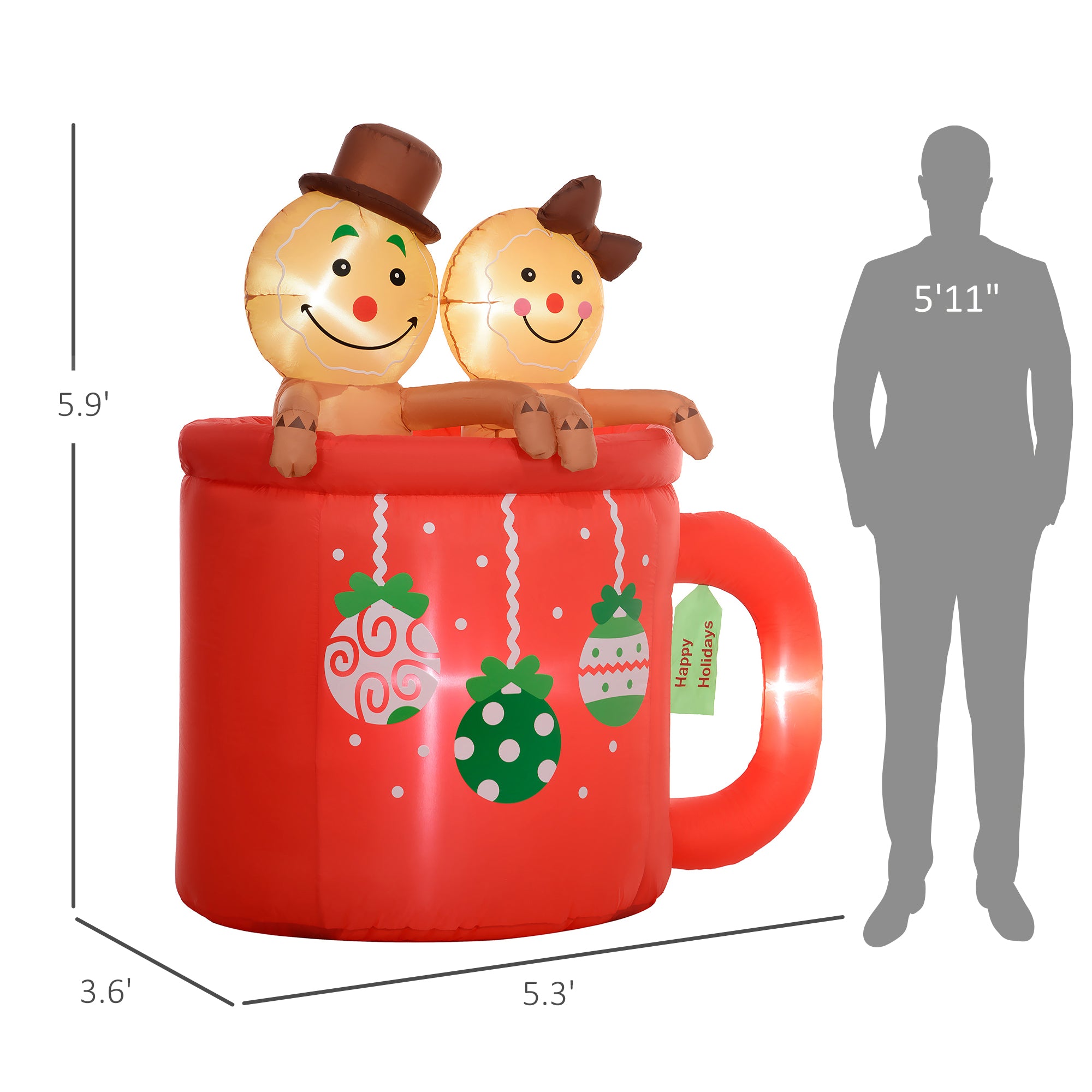 6FT Inflatable Gingerbread Couple in Hot Cocoa Mug, Christmas Blow Up Decoration with LED Lights for Indoor, Outdoor