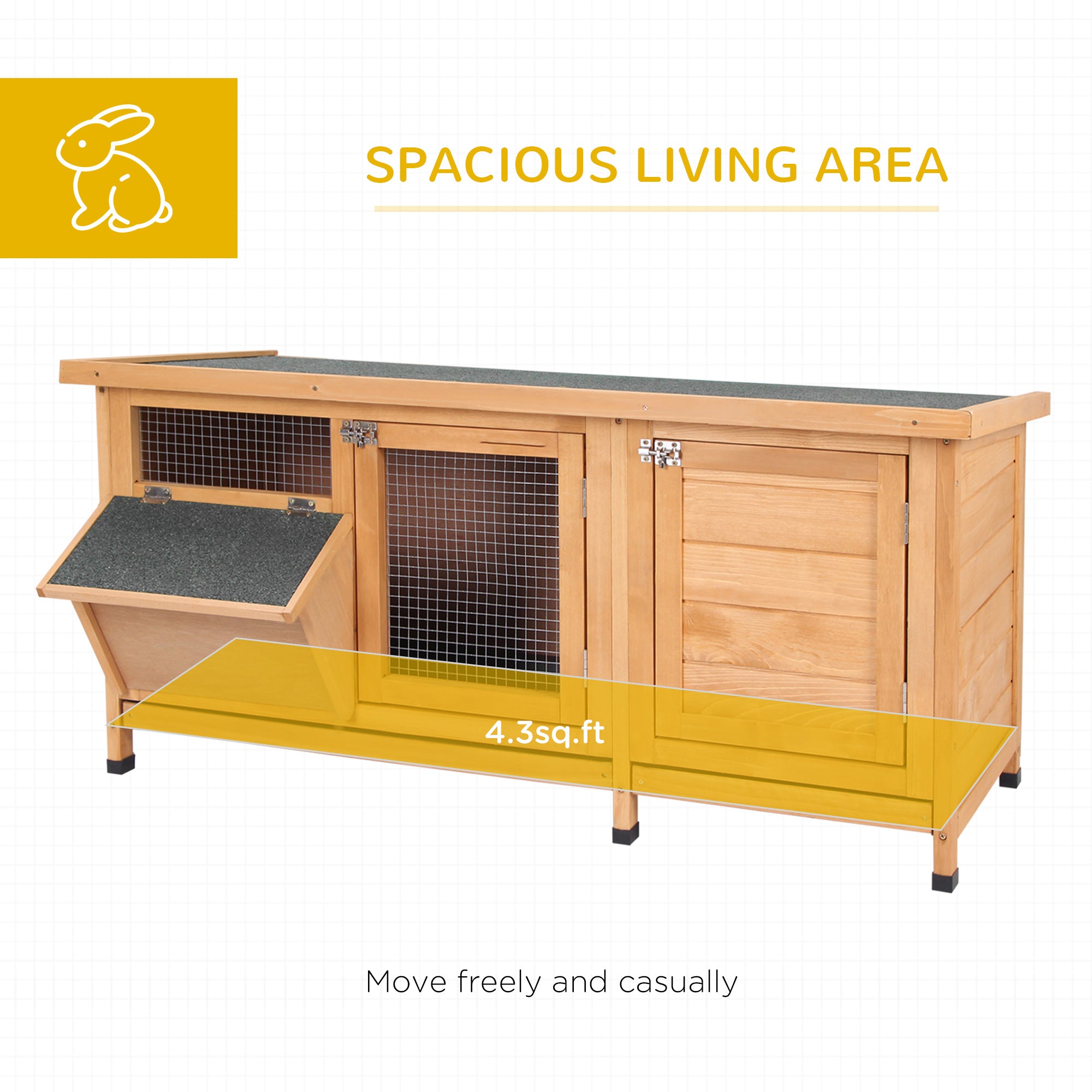Large Bunny Hutch, Rabbit Cage with 2 Outside Areas and 1 Main House for Small Animals, Yellow