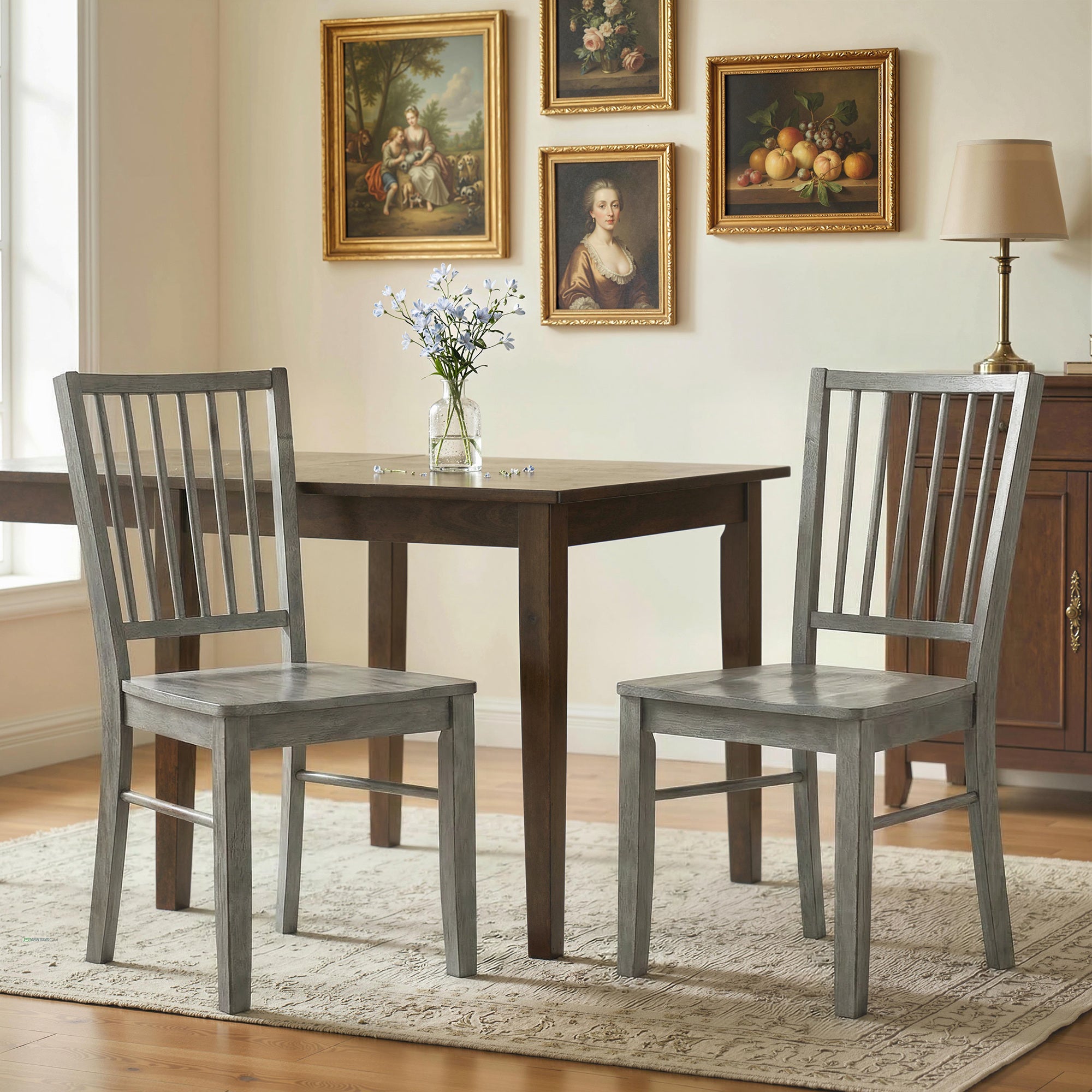 Dining Chairs Set of 2 Ergonomic Solid Wood, Armless Kitchen Chairs with Rubberwood Legs, Rustic Gray