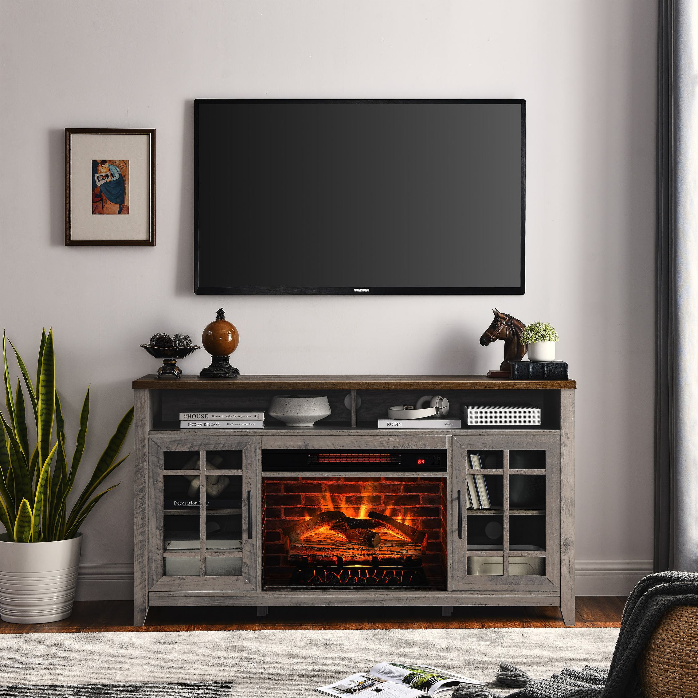 55" TV Media Stand with Electric Fireplace, Entertainment Center with Adjustable Shelves, Cable Management, Gray Wash