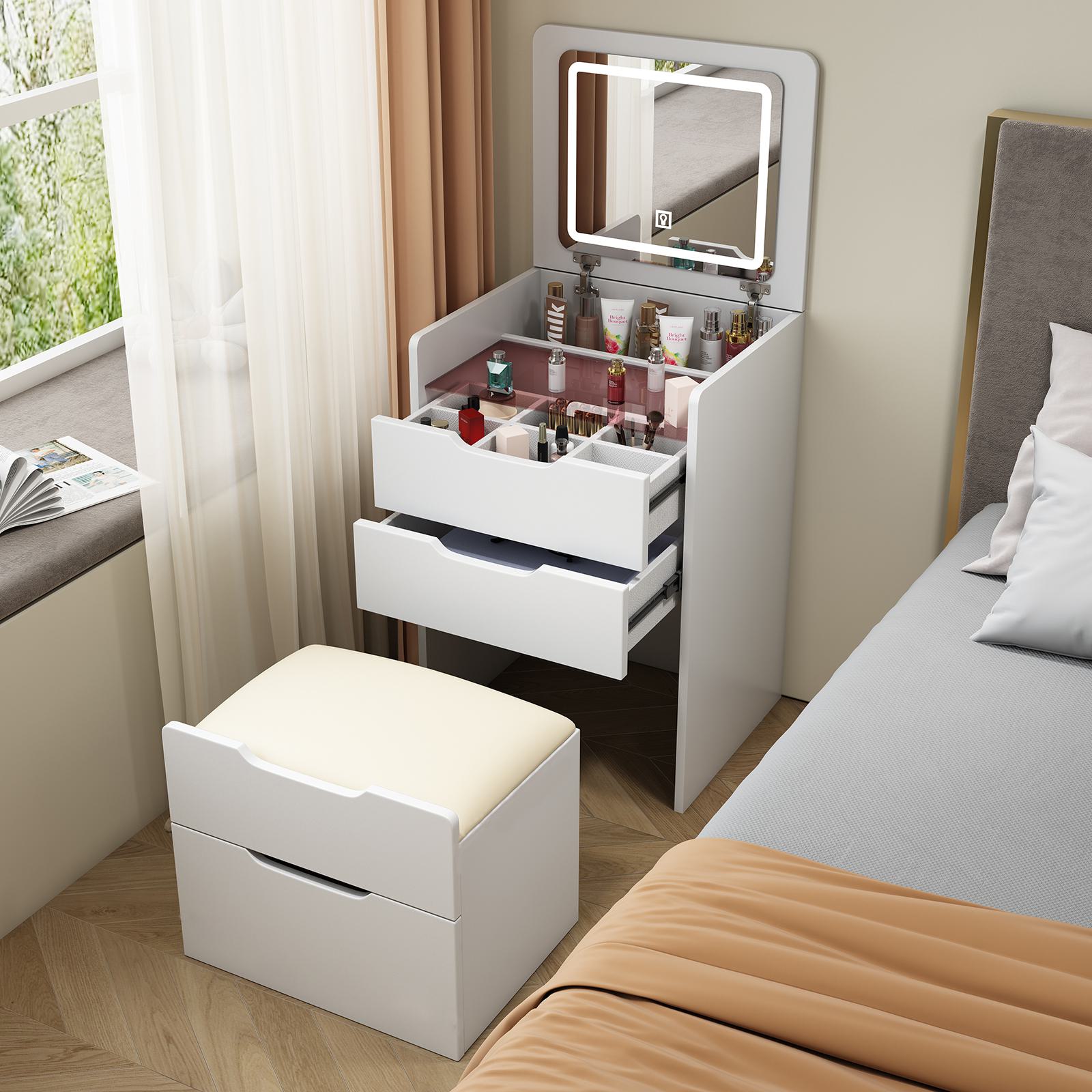 3-in-1 Vanity Desk with Flip Top Mirror, Compact Makeup Vanity Set with Visible Glass Desktop, Dressing Table, 20" L x 17" W x 31.5" H, White