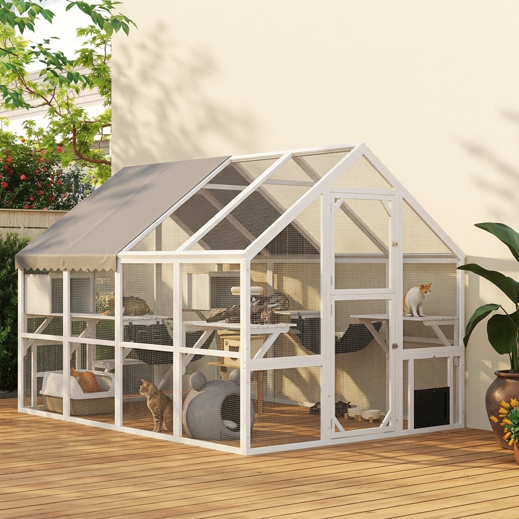 Wooden Catio Outdoor Cat Enclosure with Waterproof Cover, 2 Condos, 6 Platforms, Bridge, Doors, White