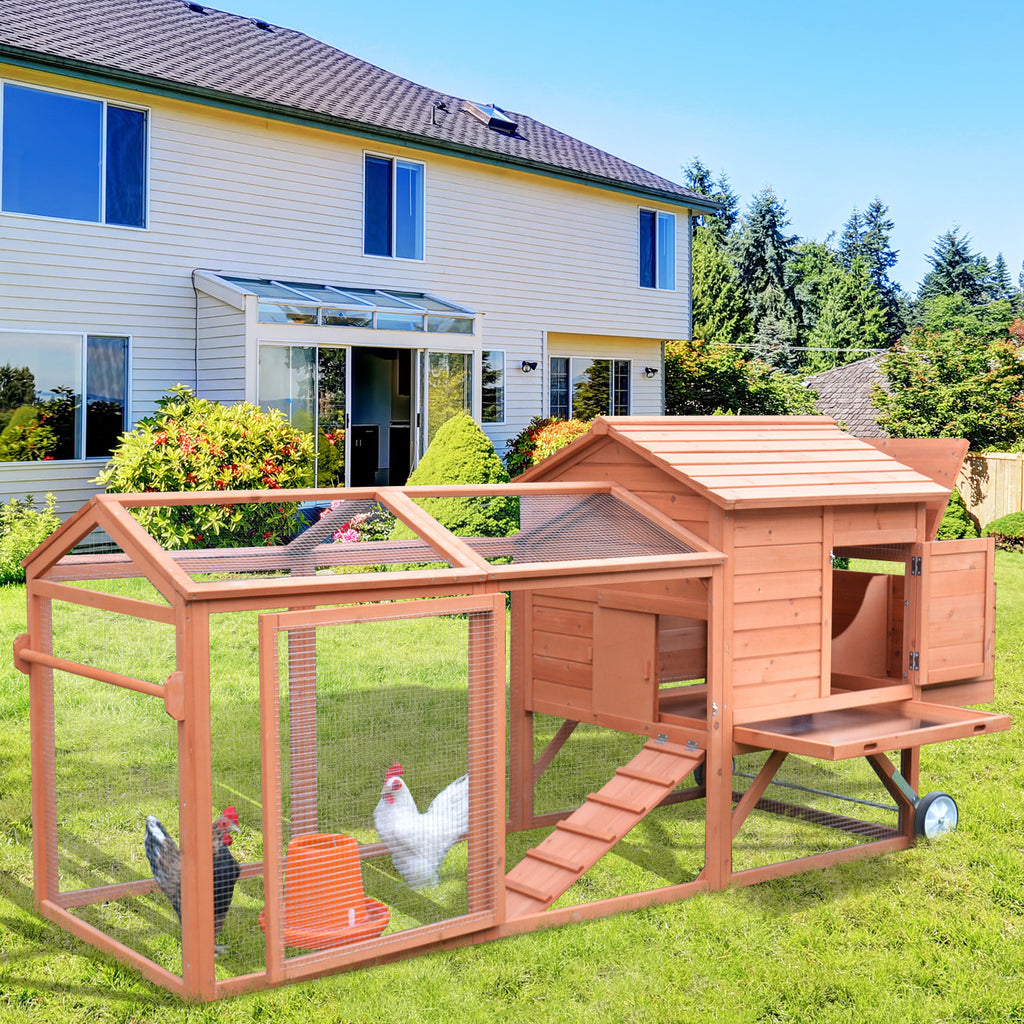 96.5" Chicken Coop Wooden Hen House Poultry Cage Pen Portable with Wheels and Nesting Box, Chicken Cage for Backyard Outdoor, Natural