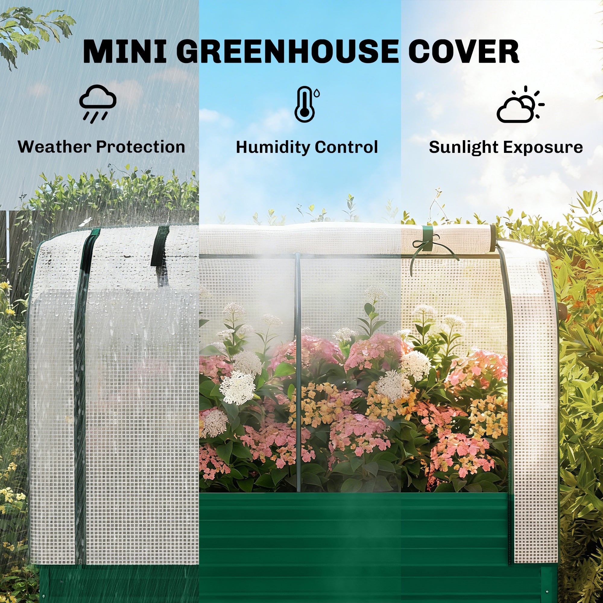Galvanised Raised Garden Bed with Greenhouse Cover, Metal Elevated Garden Bed with Bed Liner, Bottom Shelf, Green
