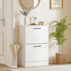 Shoe Cabinet 2 Flip Drawers Narrow Shoe Storage Unit Adjustable Dividers Entryway Hallway White
