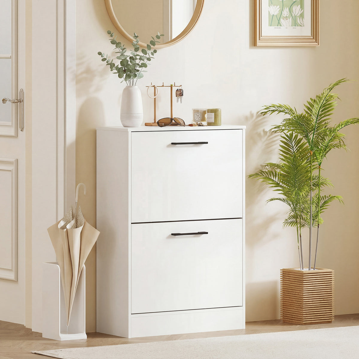 Shoe Cabinet 2 Flip Drawers Narrow Shoe Storage Unit Adjustable Dividers Entryway Hallway White