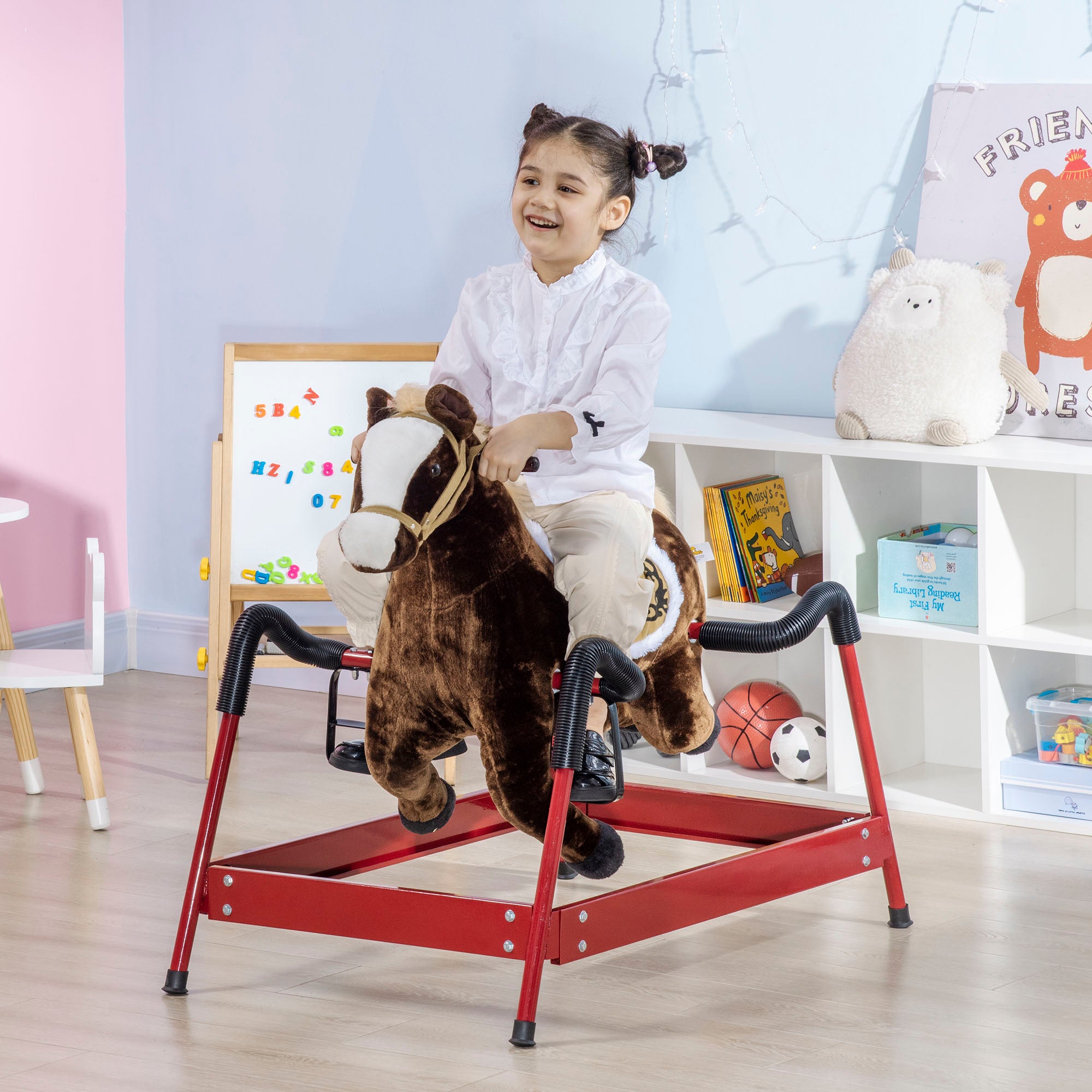 Kids Spring Rocking Horse, Ride on Horse for Girls and Boys with Sounds, Plush Animal Ride-on Toy with Soft Feel, Interactive Toy for Kids, Dark Brown