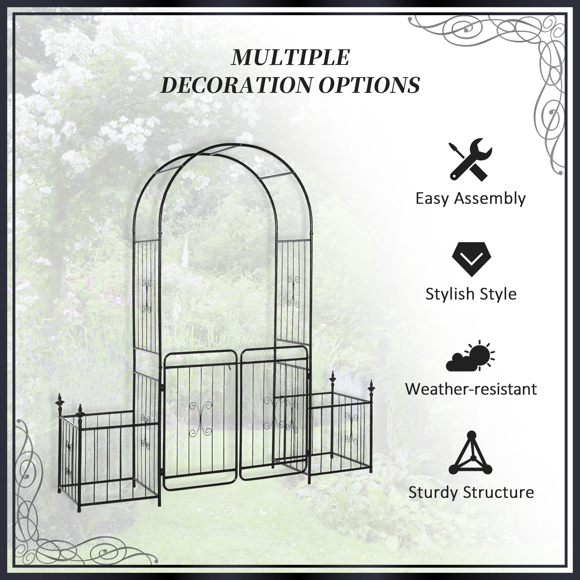 86" Garden Arch Arbor, Metal Arch Trellis with Gate and Planter Baskets, Garden Archway for Climbing Vines, Wedding Ceremony Decoration, Flourishes & Arrow Tips, Black