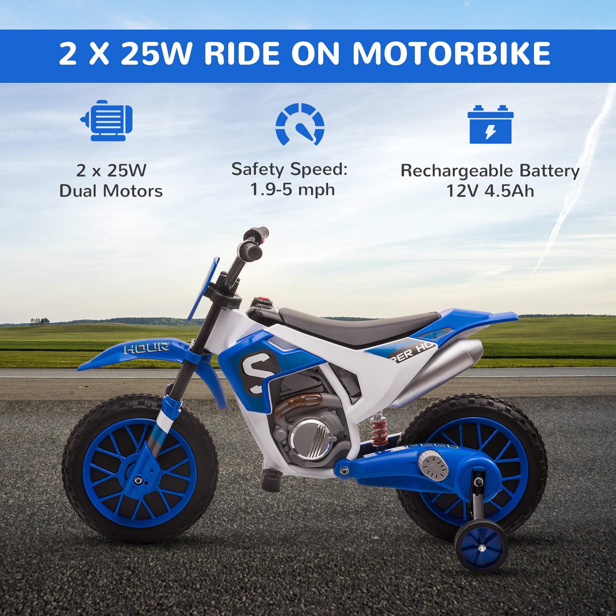 12V Kids Motorcycle w/ Treaded Tires, 5mph Top Speed Electric Bike for Kids, Ride On Motorcycle w/ Training Wheels, Battery Charger, Spring Suspension, Blue