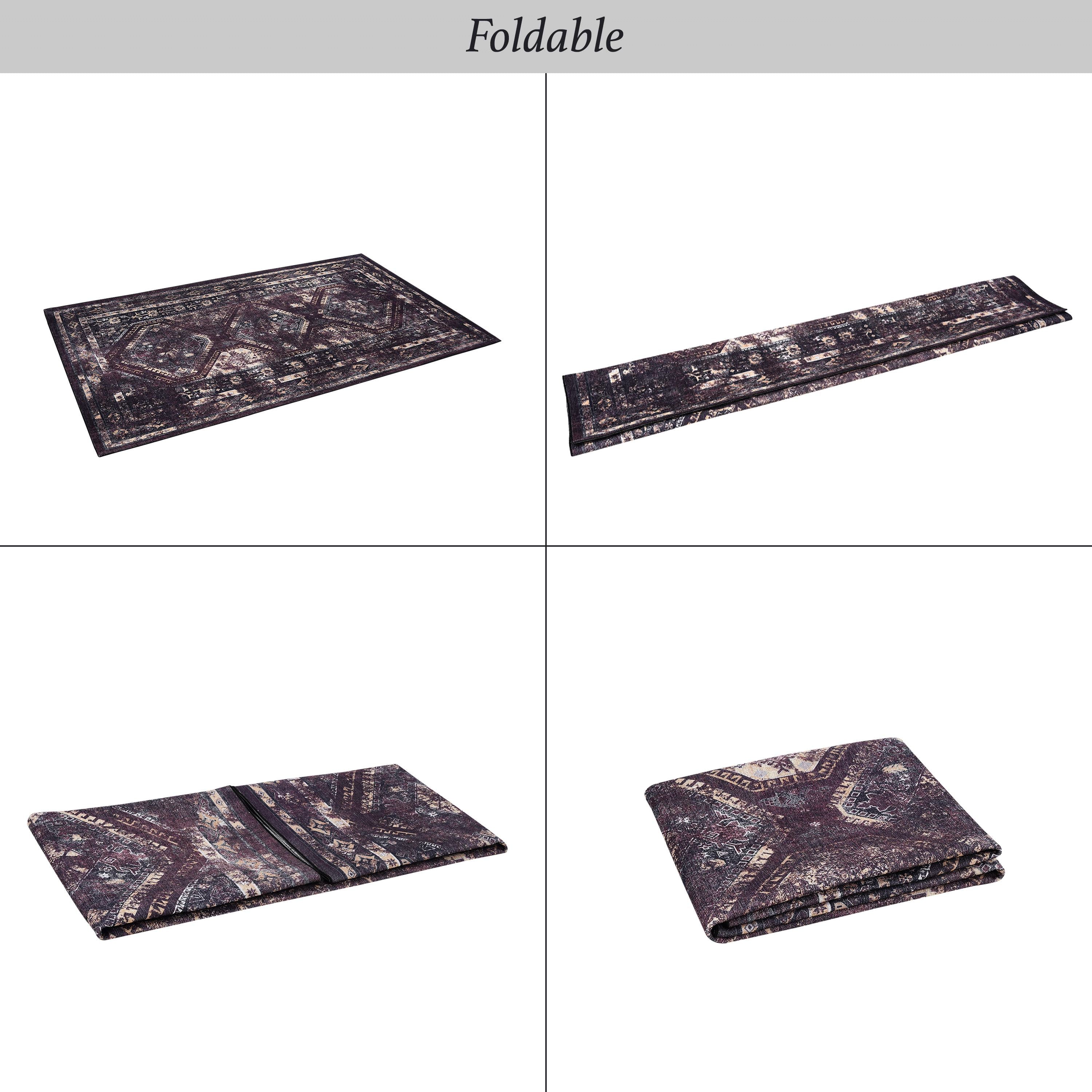 9x12 Kid and Pet Friendly Low-Pile Washable Area Rug, Non-Slip, Non-Shedding, Foldable for Living Room, Bedroom, Dining Room, Black+Burgundy