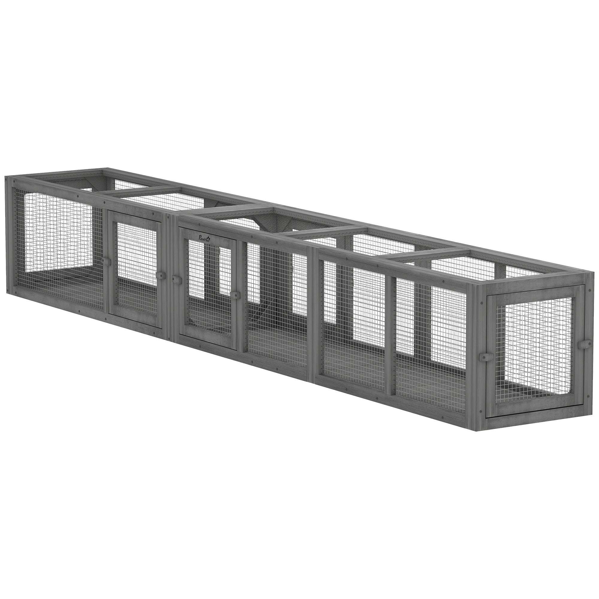 Wooden 98" Cat Tunnel for Outdoor with Combinable Design, 8 Doors, Dark Gray