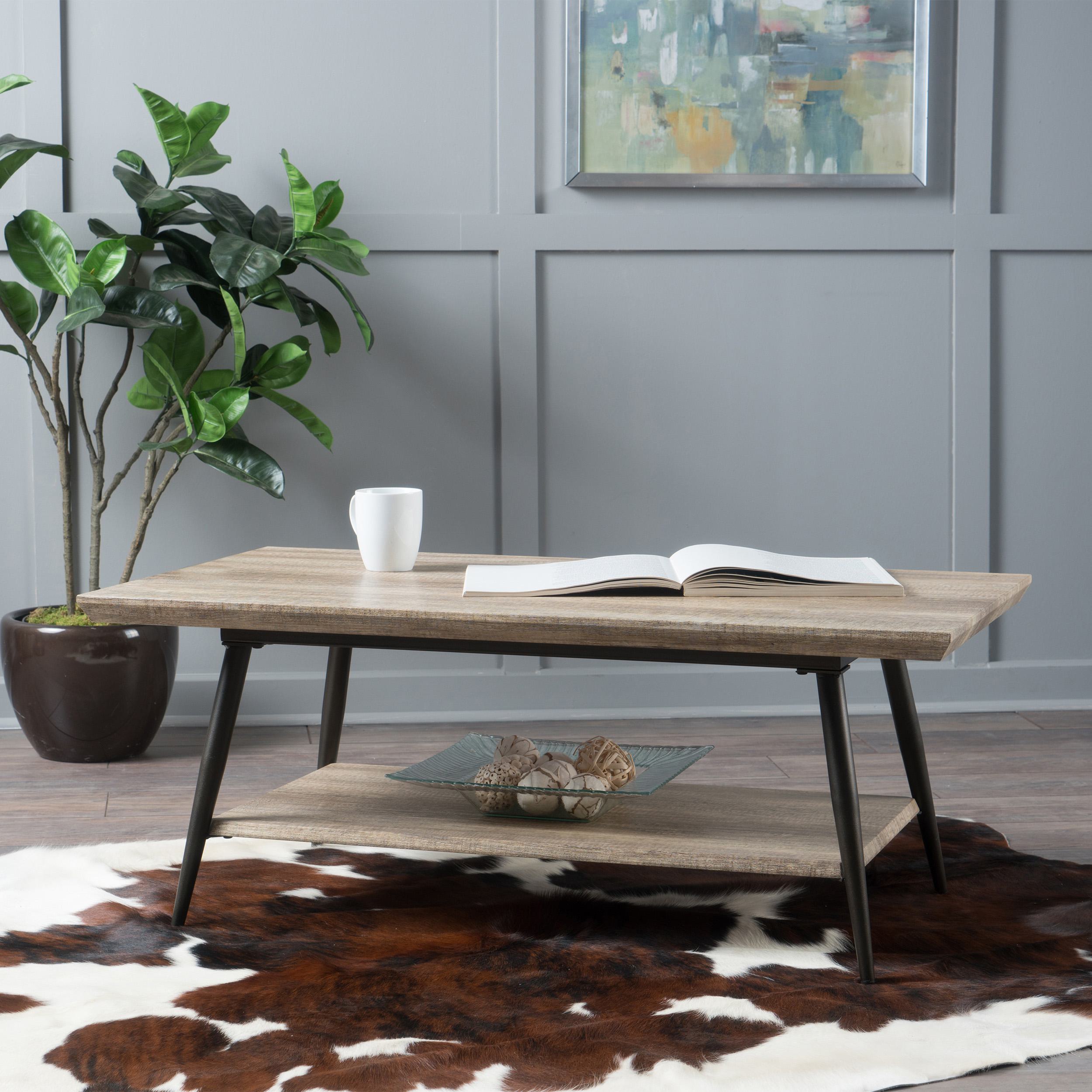 Mid-Century Coffee Table with Lower Shelf, Powder-Coated Steel Legs, MDF with Veneer, 43.25" L x 23.5" W x 17" H, Grey