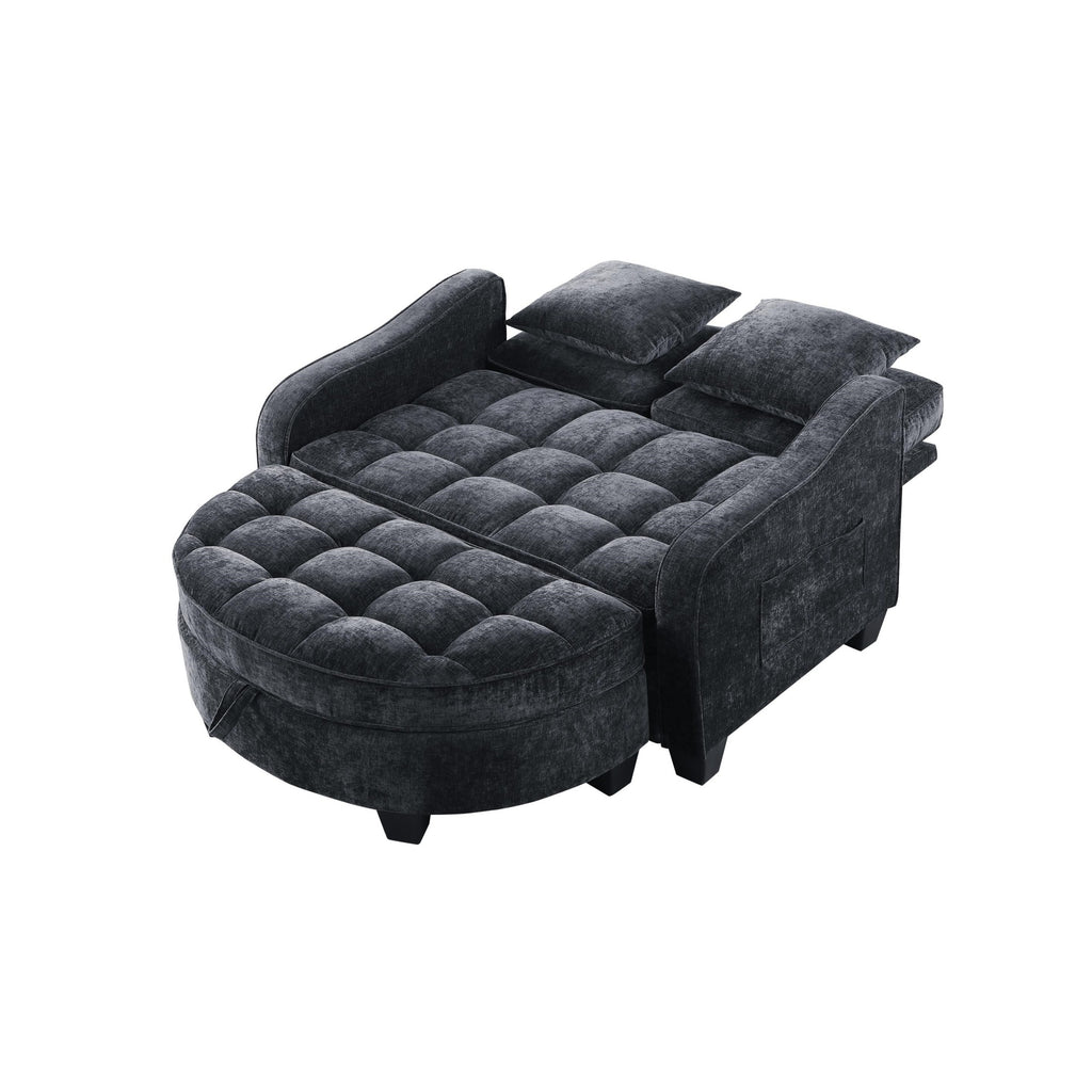 2-Seater Sofa Chaise Lounge with Irregular Curved Armrests, Ergonomic Backrest, Footrest with 2 Throw Pillows, 42.5" L x 32.5" W x 36.5" H, Black